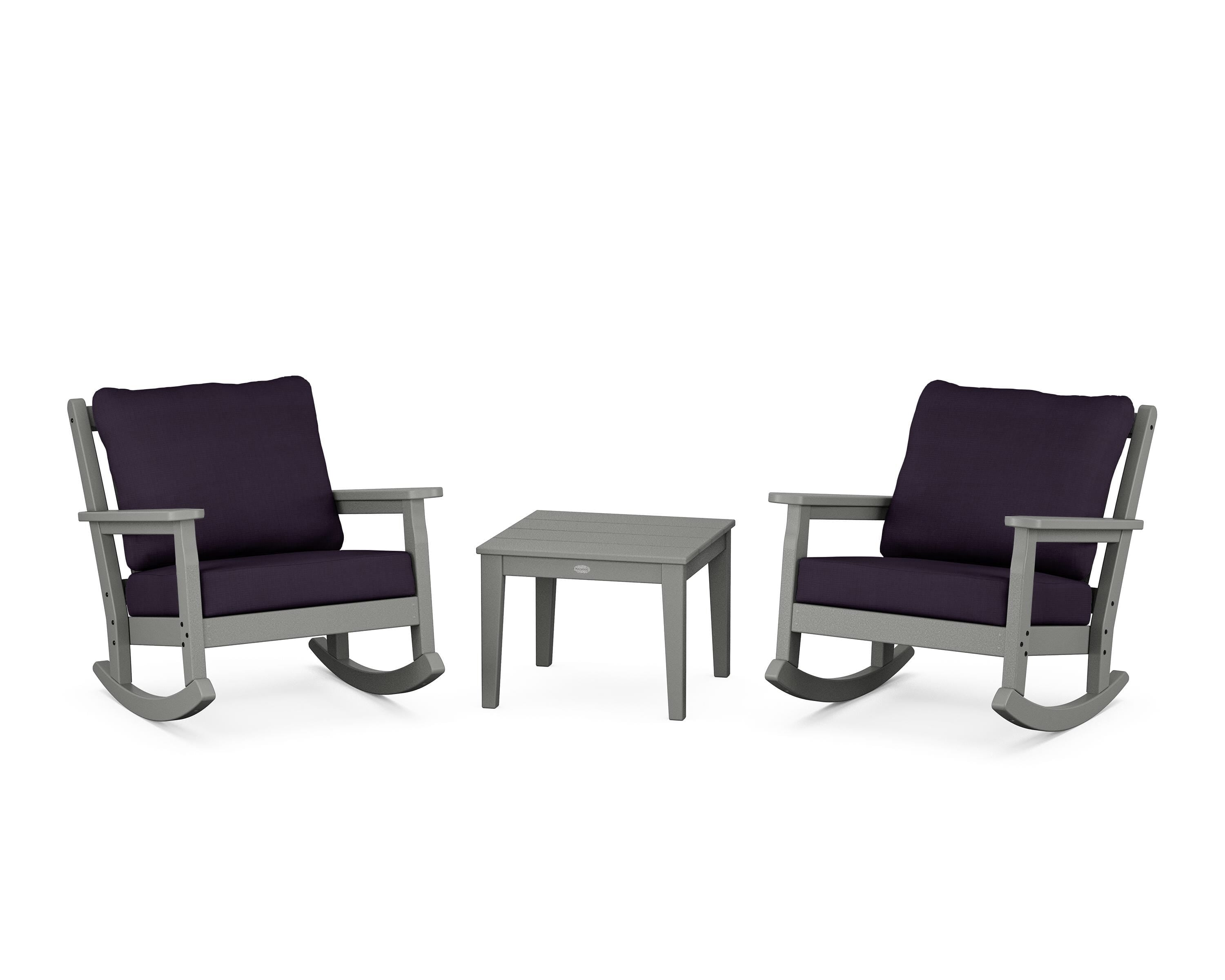 POLYWOOD Chippendale 3-Piece Deep Seating Rocker Set in Slate Grey / Navy Linen