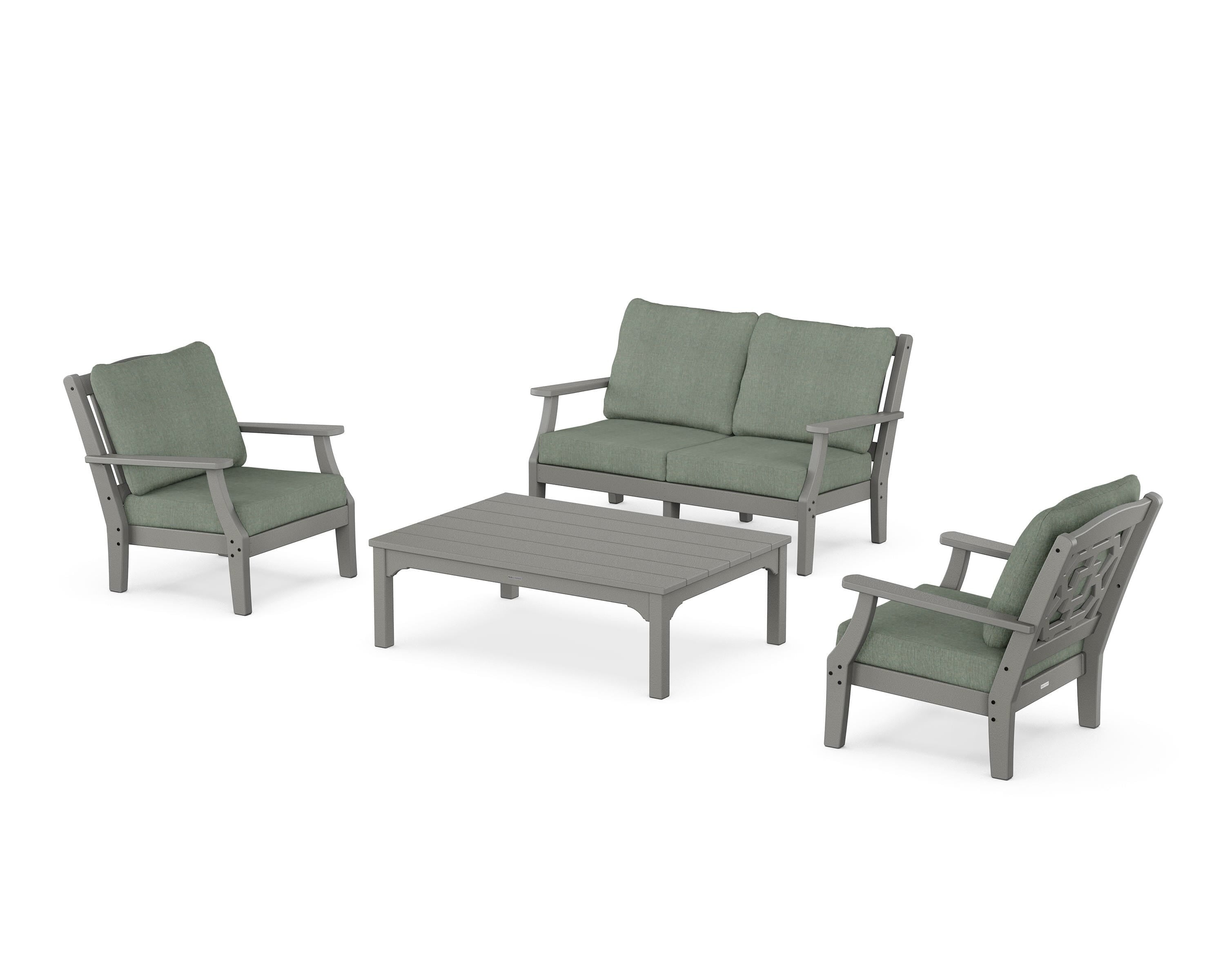 Martha Stewart by POLYWOOD Chinoiserie 4-Piece Deep Seating Set with Loveseat in Slate Grey / Cast Sage