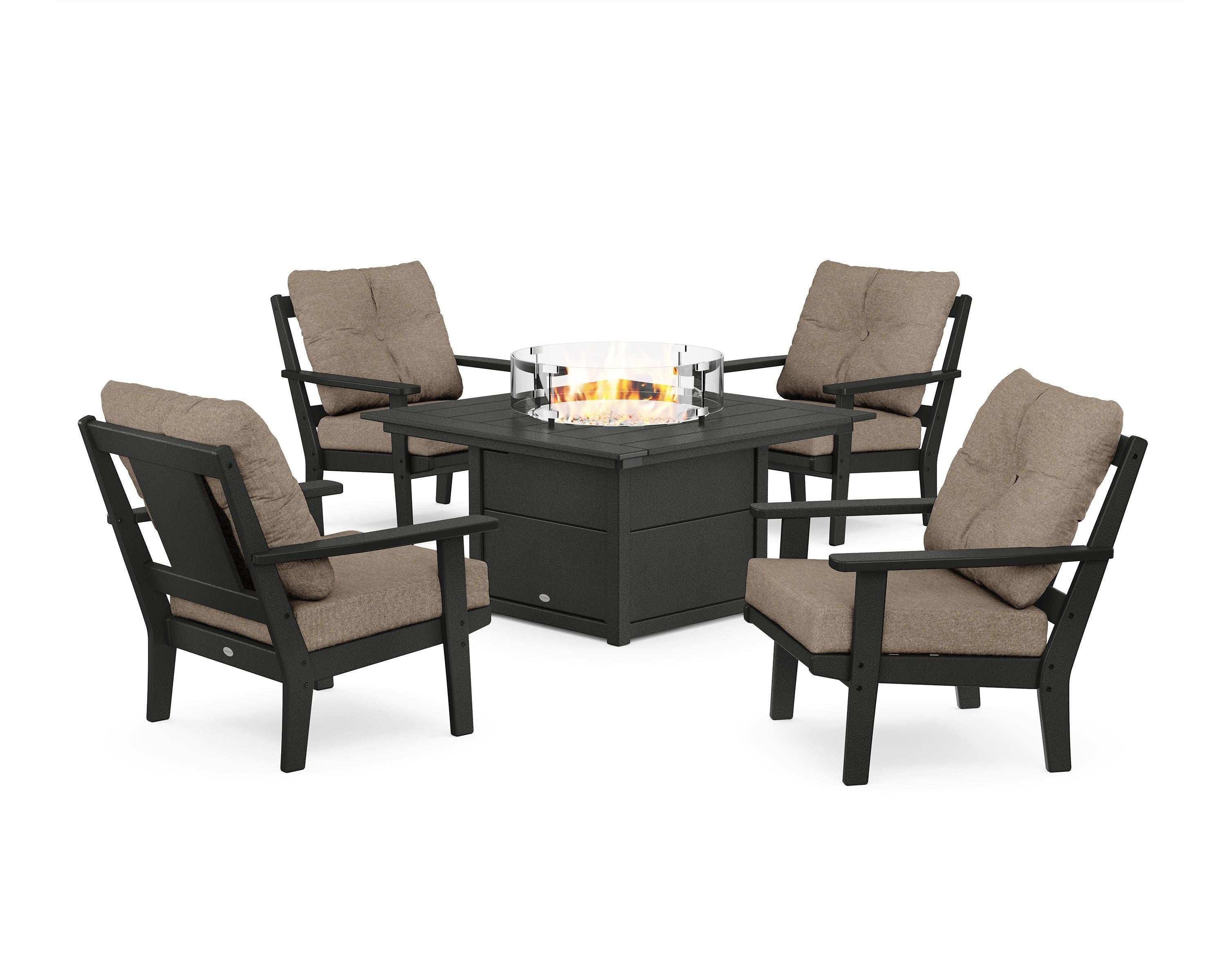 POLYWOOD Prairie 5-Piece Deep Seating Set with Fire Pit Table in Black / Spiced Burlap