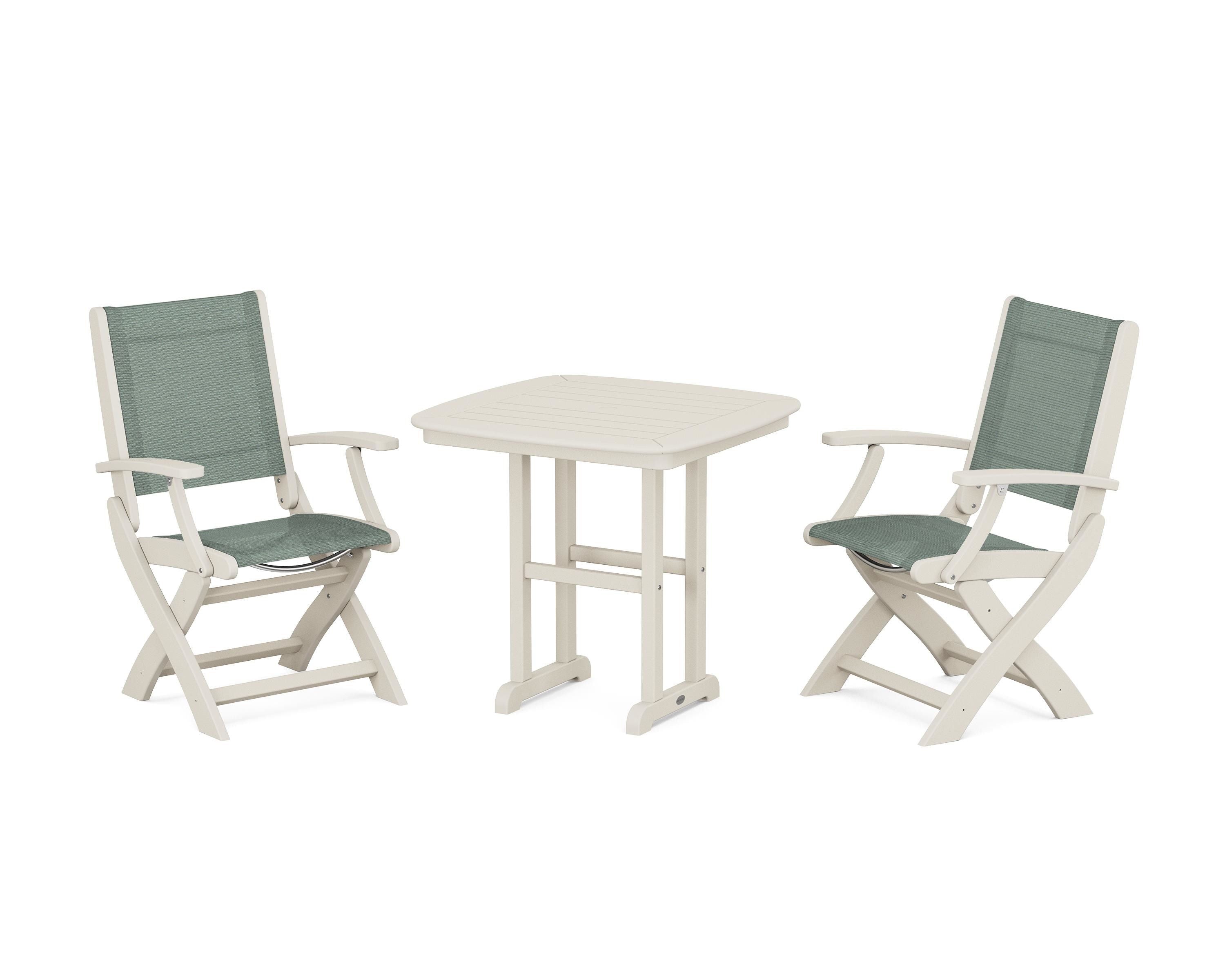POLYWOOD Coastal Folding Chair 3-Piece Dining Set in Sand / Dupioni Sea Mist Sling