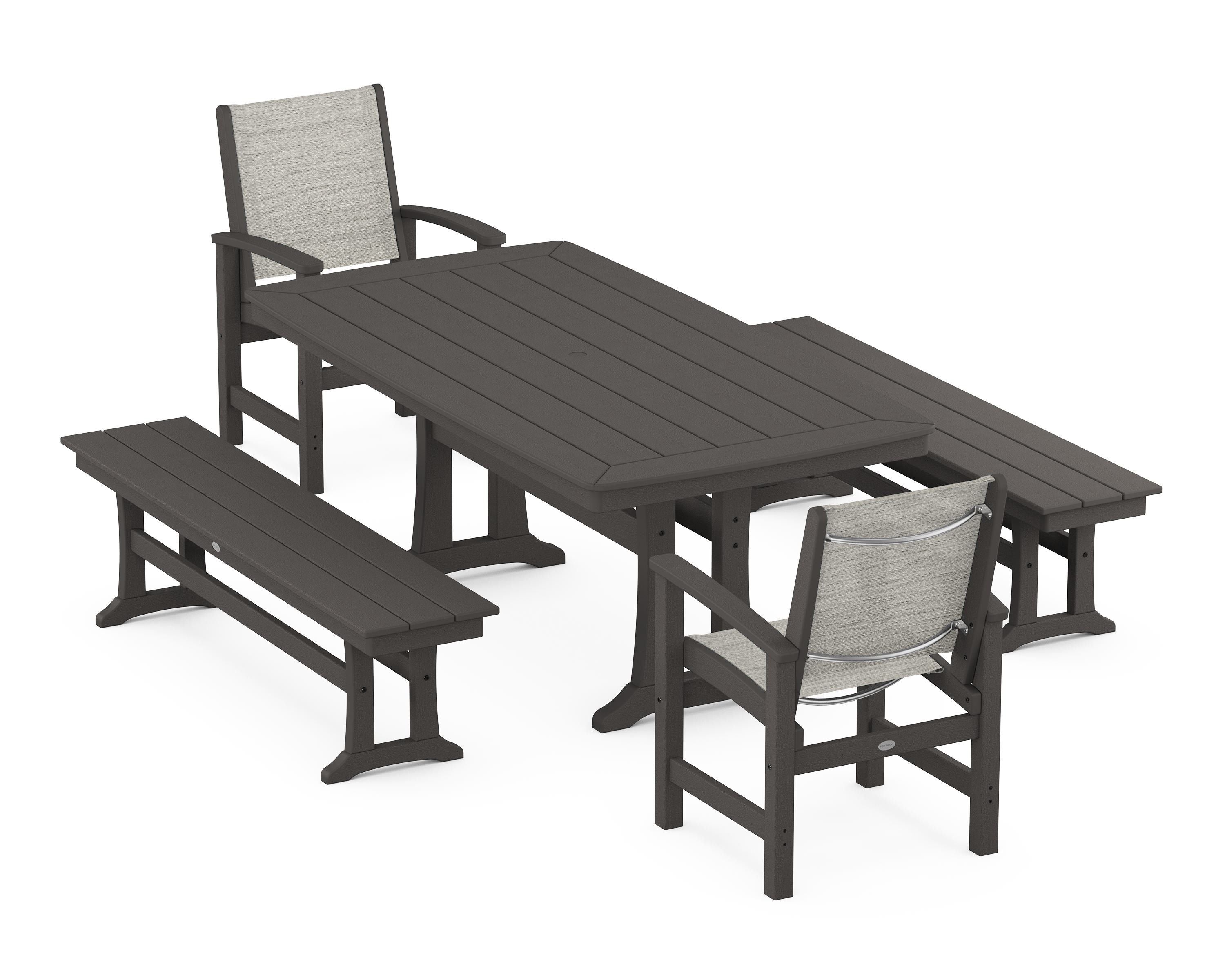 POLYWOOD Coastal 5-Piece Dining Set with Trestle Legs and Benches in Vintage Coffee / Birch Sling