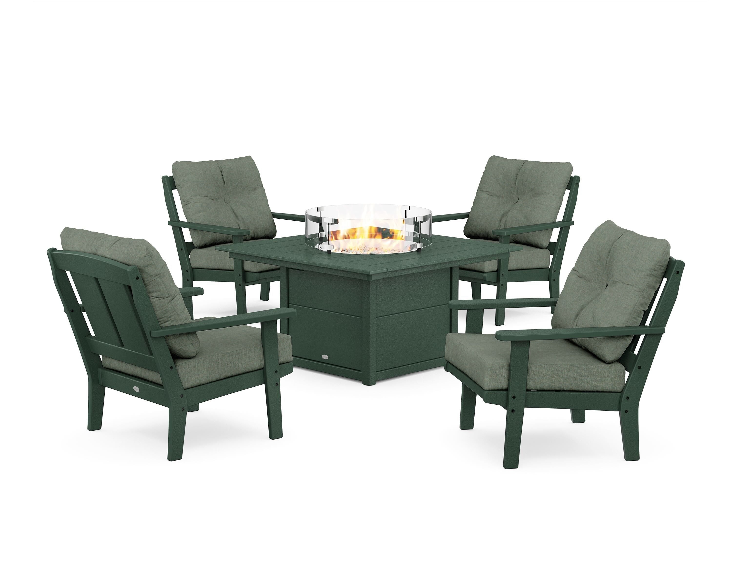 POLYWOOD Mission 5-Piece Deep Seating Set with Fire Pit Table in Green / Cast Sage