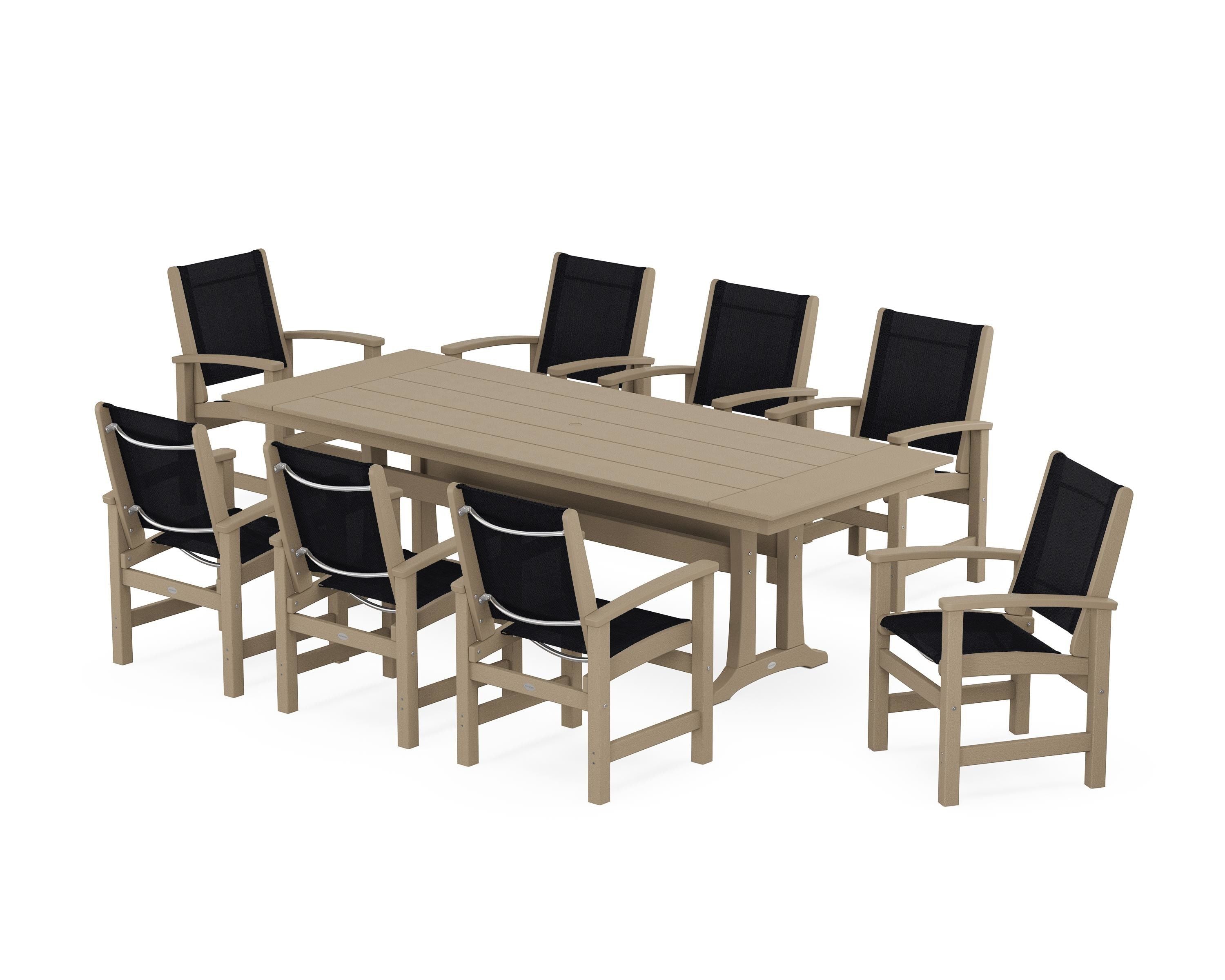 POLYWOOD Coastal 9-Piece Farmhouse Dining Set with Trestle Legs in Vintage Sahara / Black Sling