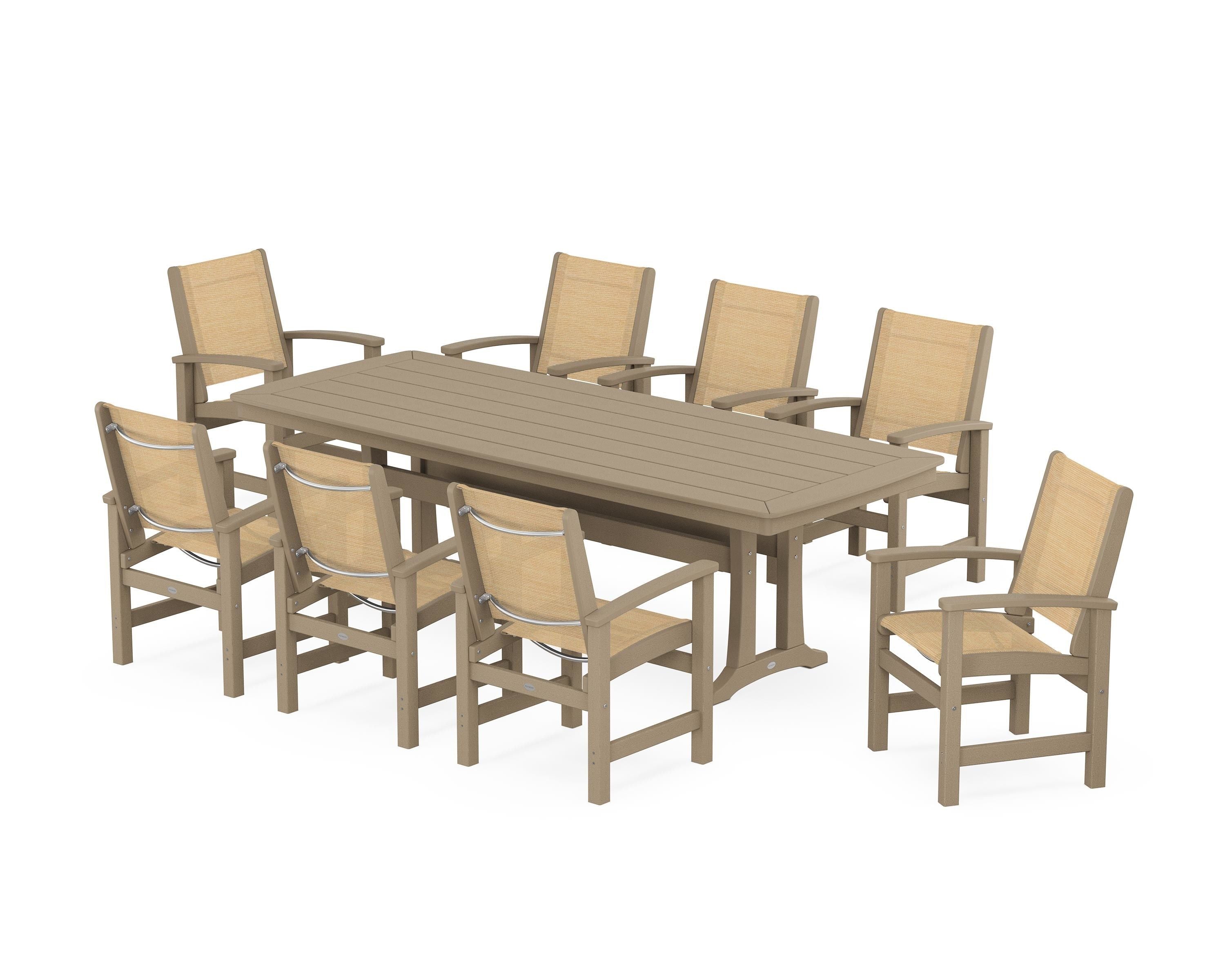 POLYWOOD Coastal 9-Piece Dining Set with Trestle Legs in Vintage Sahara / Dupioni Apricot Sling
