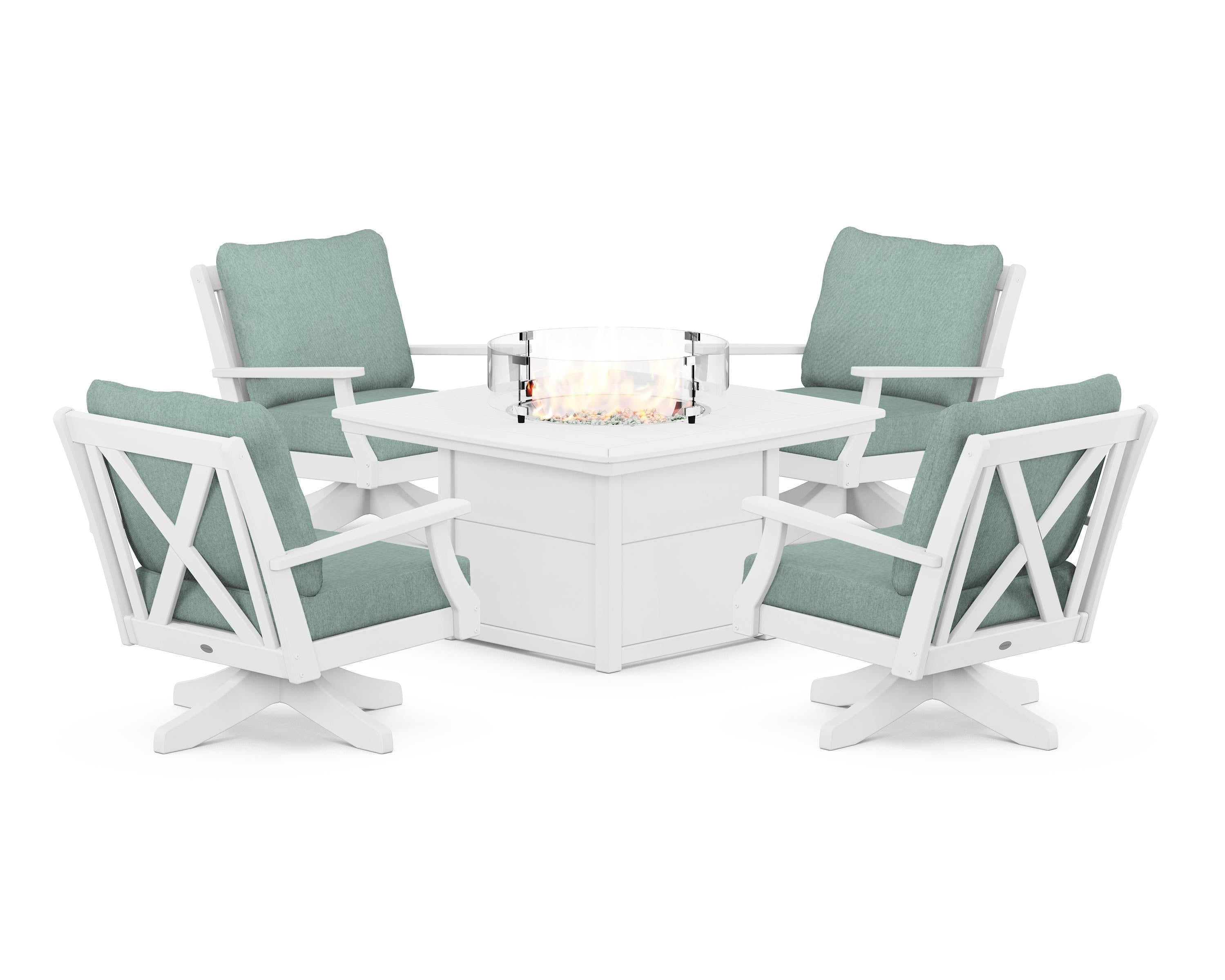 POLYWOOD Braxton 5-Piece Deep Seating Swivel Conversation Set with Fire Pit Table in White / Glacier Spa