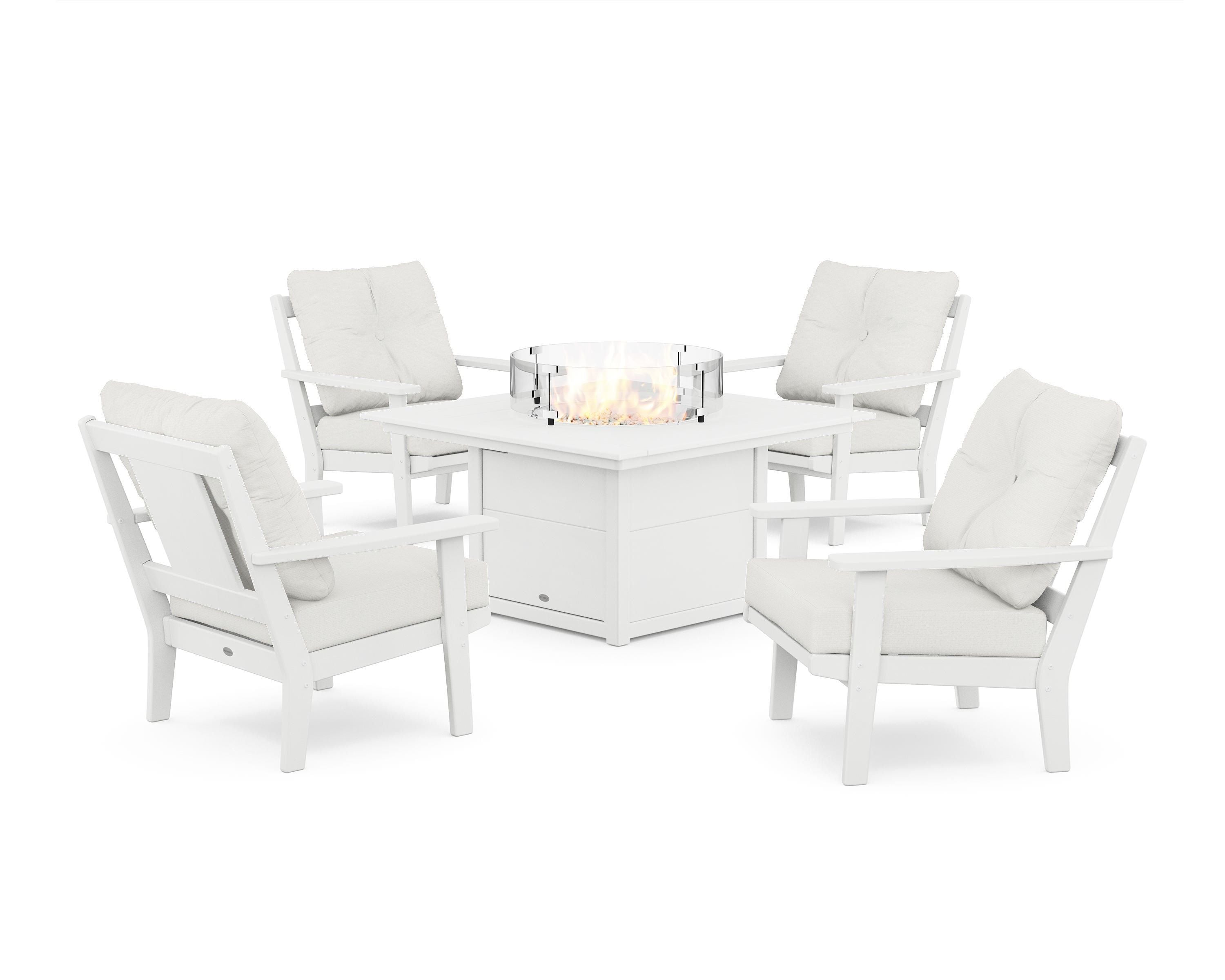 POLYWOOD Prairie 5-Piece Deep Seating Set with Fire Pit Table in White / Natural Linen