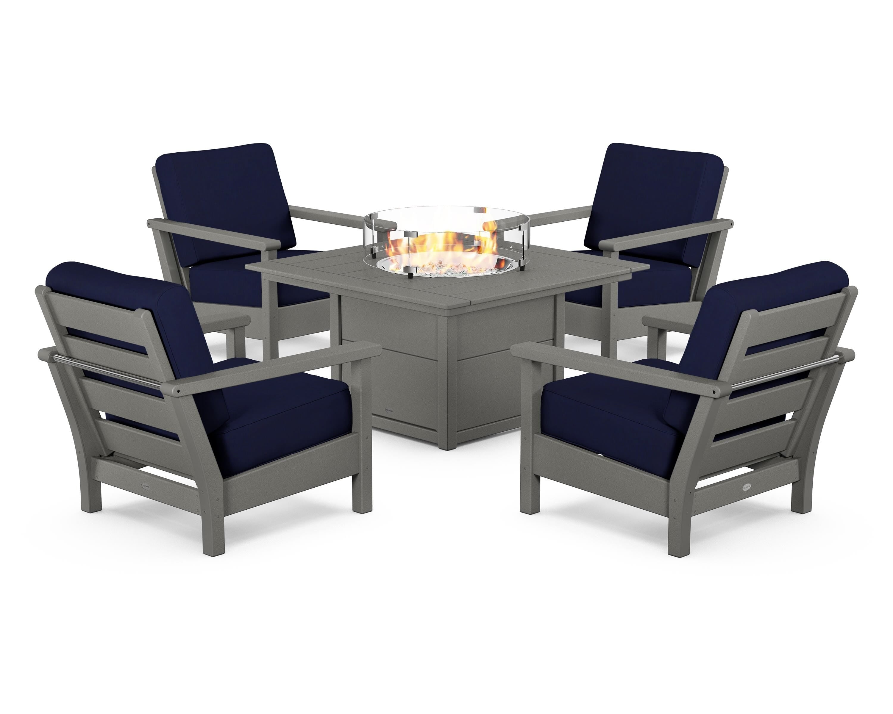 POLYWOOD Harbour 5-Piece Conversation Set with Fire Pit Table in Slate Grey / Navy