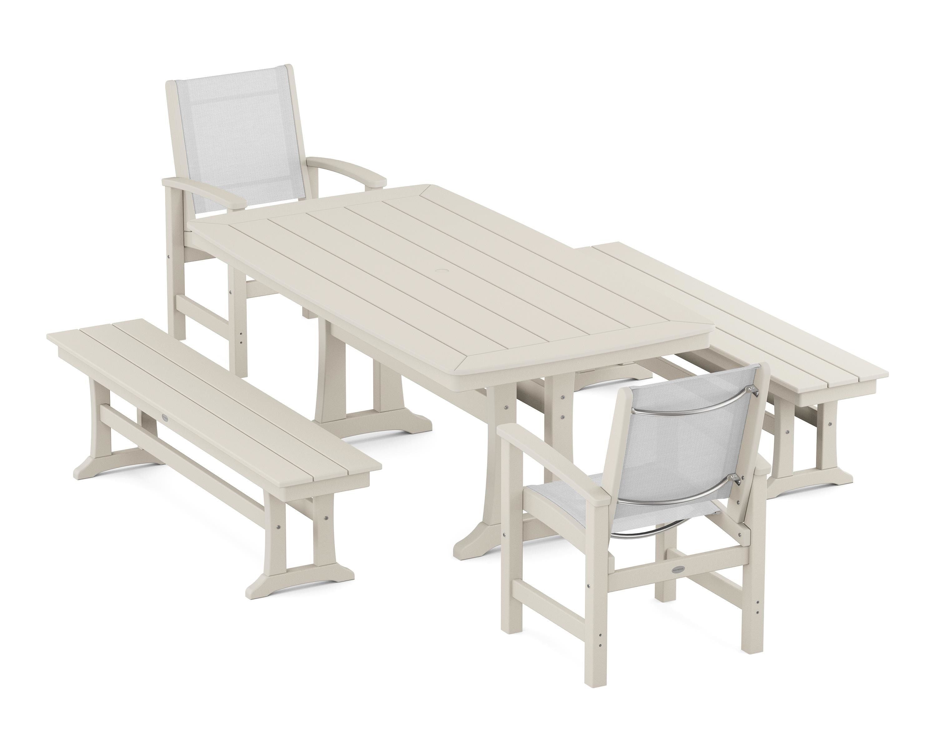 POLYWOOD Coastal 5-Piece Dining Set with Trestle Legs and Benches in Sand / White Sling