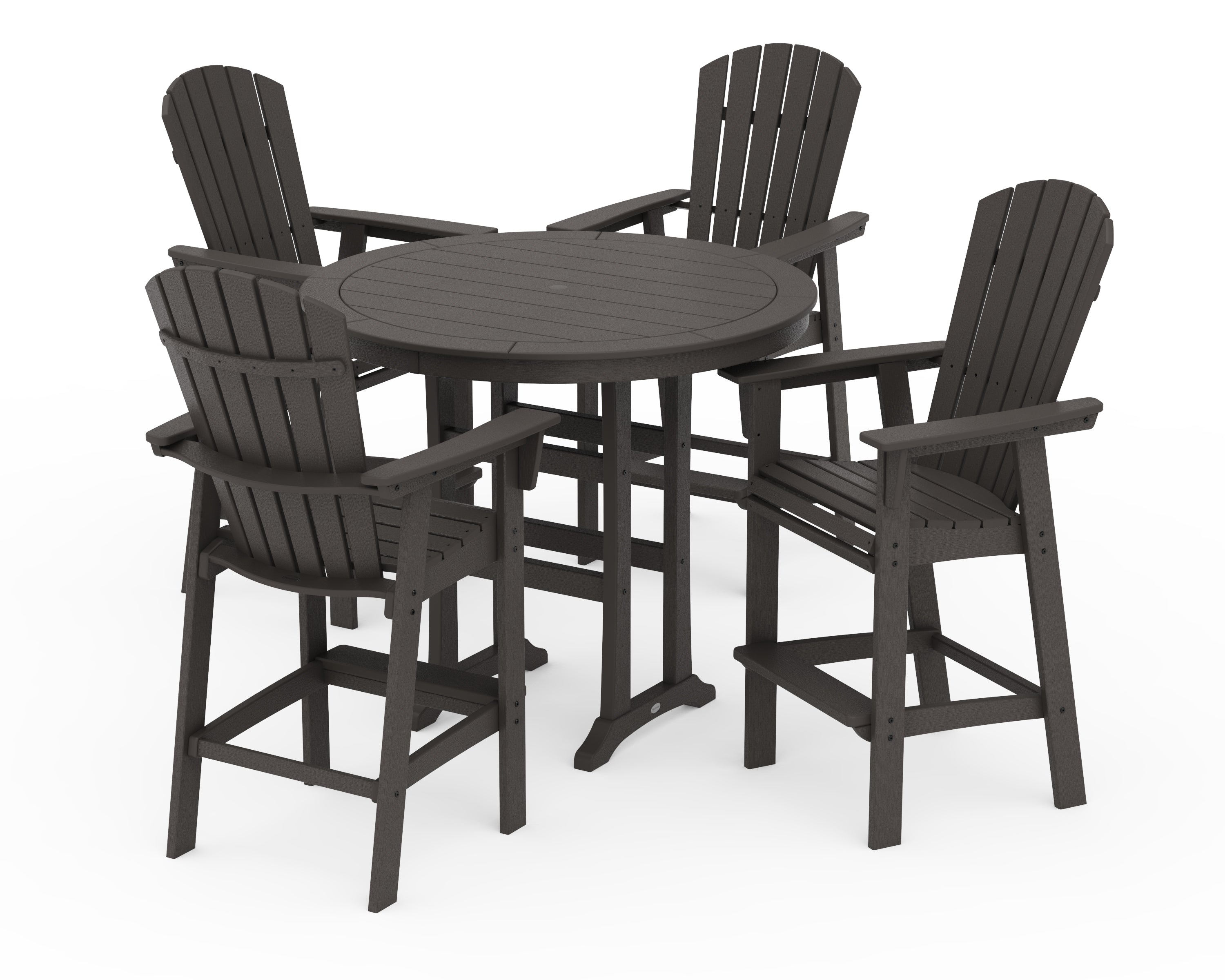 POLYWOOD Nautical Curveback Adirondack 5-Piece Round Trestle Bar Set in Vintage Coffee