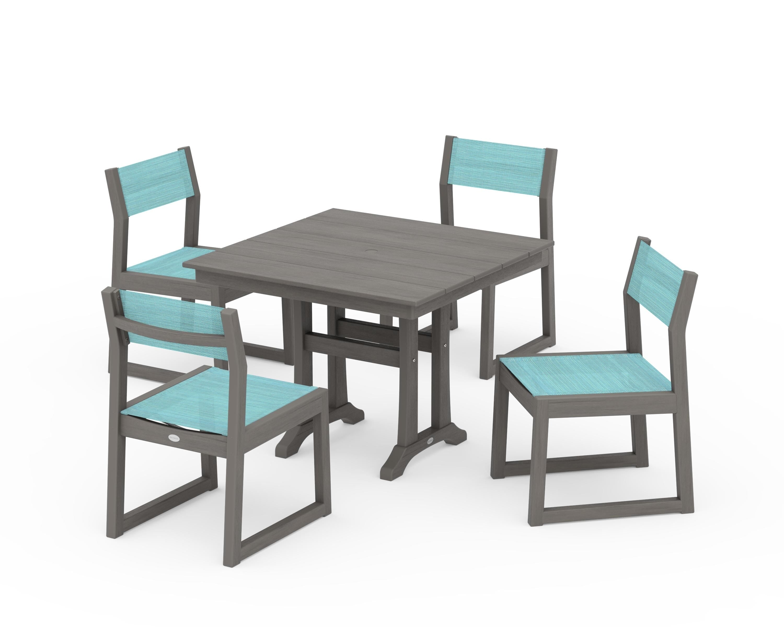 POLYWOOD EDGE Sling 5-Piece Farmhouse Trestle Side Chair Dining Set in Driftwood / Dupioni Aquamarine Sling