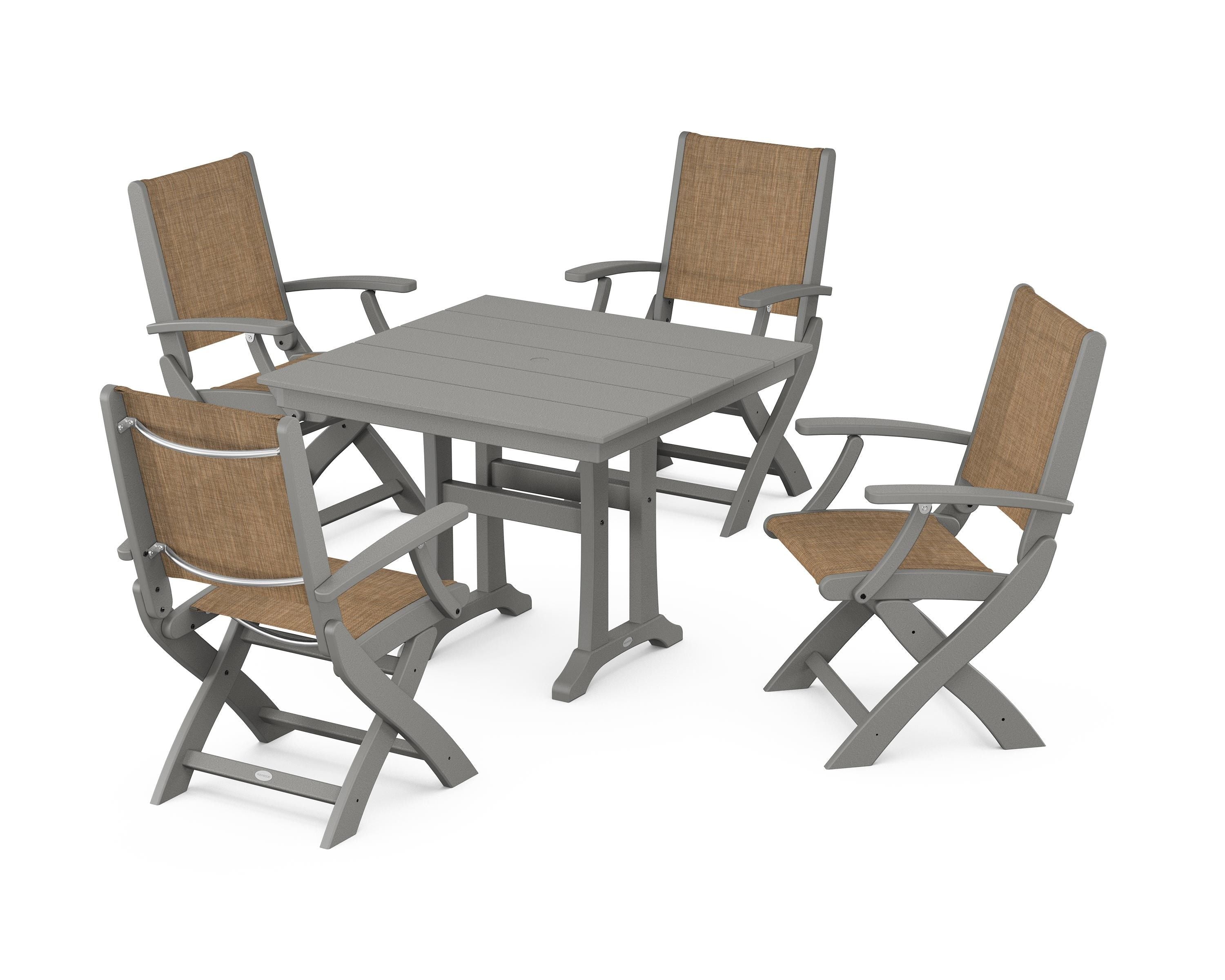 POLYWOOD Coastal Folding Chair 5-Piece Farmhouse Dining Set With Trestle Legs in Slate Grey / Burlap Sling