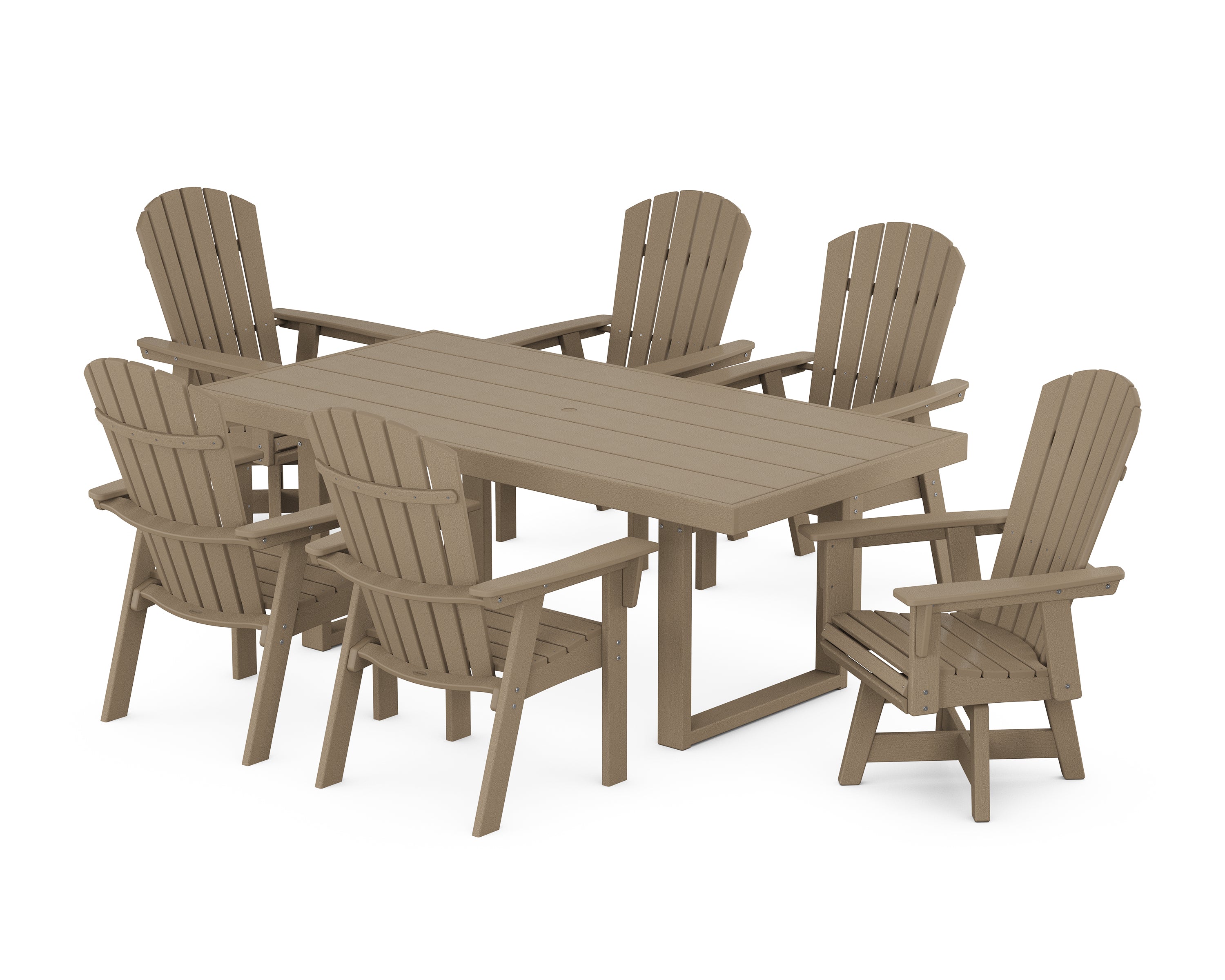 POLYWOOD® Nautical Curveback Adirondack Swivel Chair 7-Piece Dining Set in Vintage Sahara