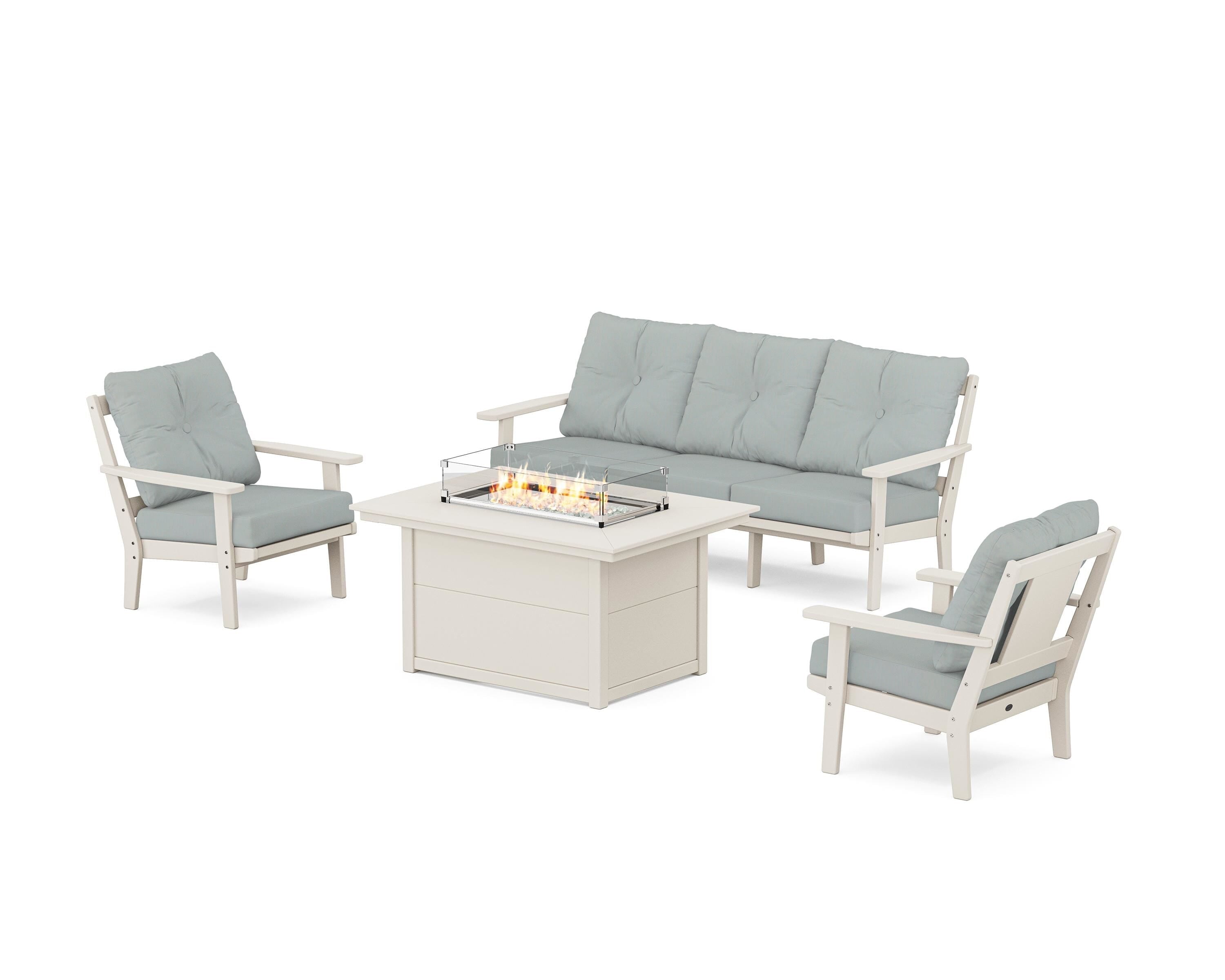 POLYWOOD Prairie Deep Seating Fire Pit Table Set in Sand / Spa