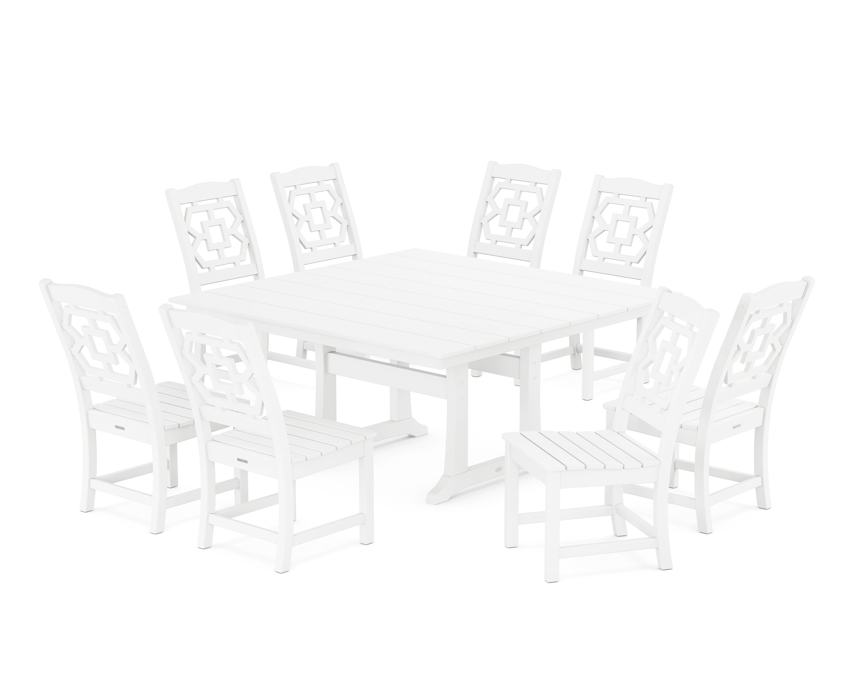 Martha Stewart by POLYWOOD® Chinoiserie 9-Piece Square Farmhouse Side Chair Dining Set with Trestle Legs in White