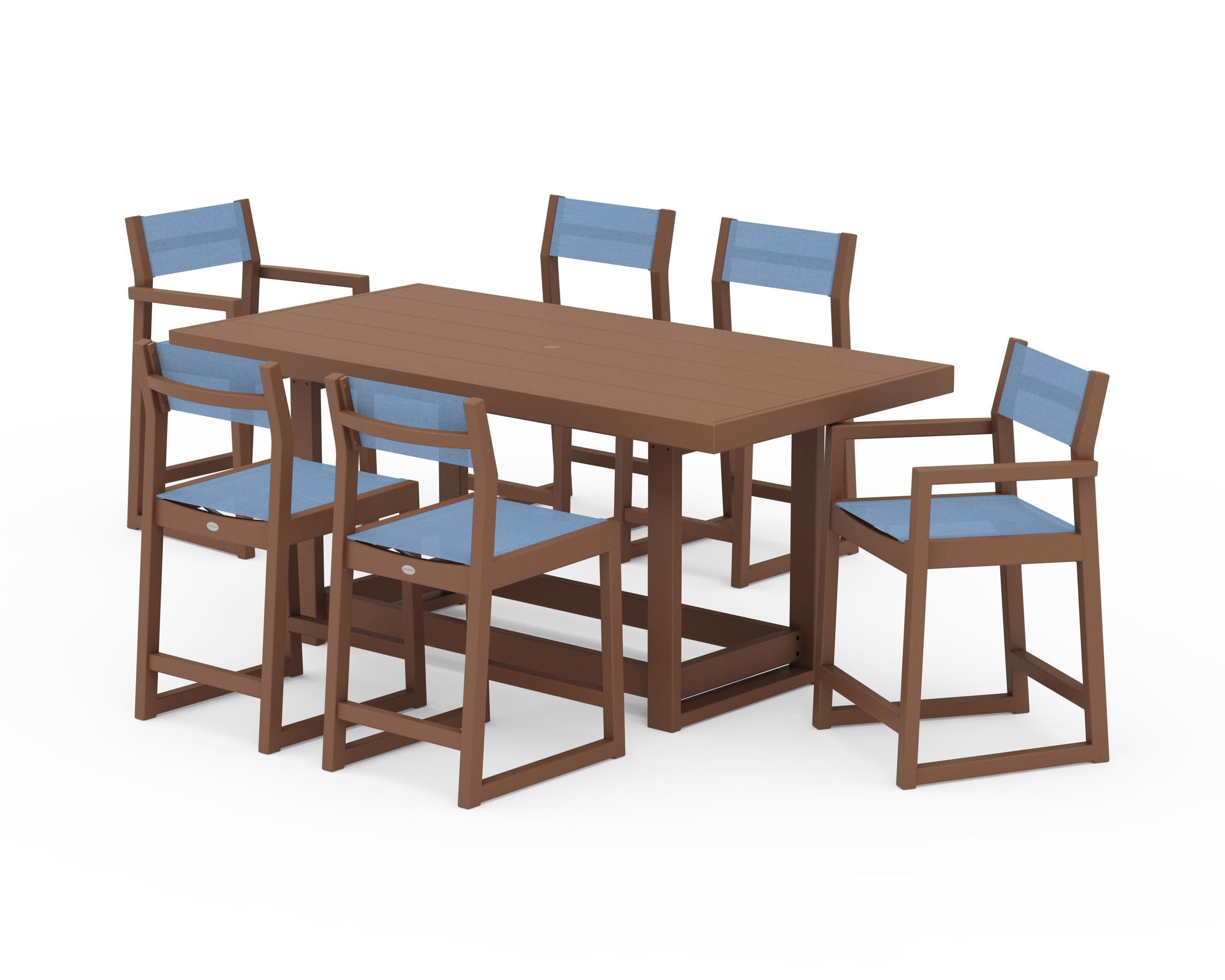 POLYWOOD EDGE Sling 7-Piece Counter Table Set in Teak / Poolside Sling