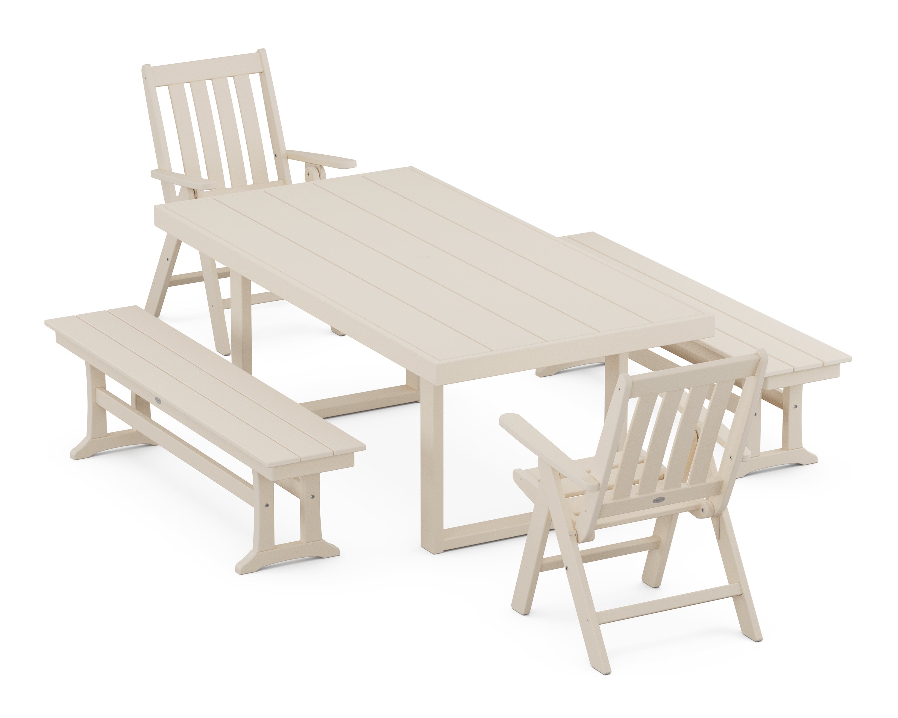 POLYWOOD® Vineyard Folding Chair 5-Piece Dining Set with Benches in Sand