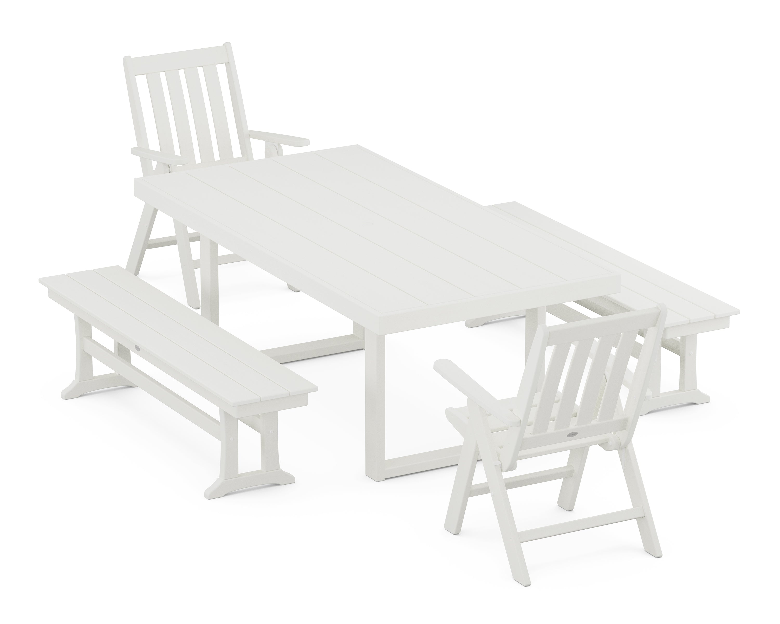 POLYWOOD® Vineyard Folding Chair 5-Piece Dining Set with Benches in Vintage White