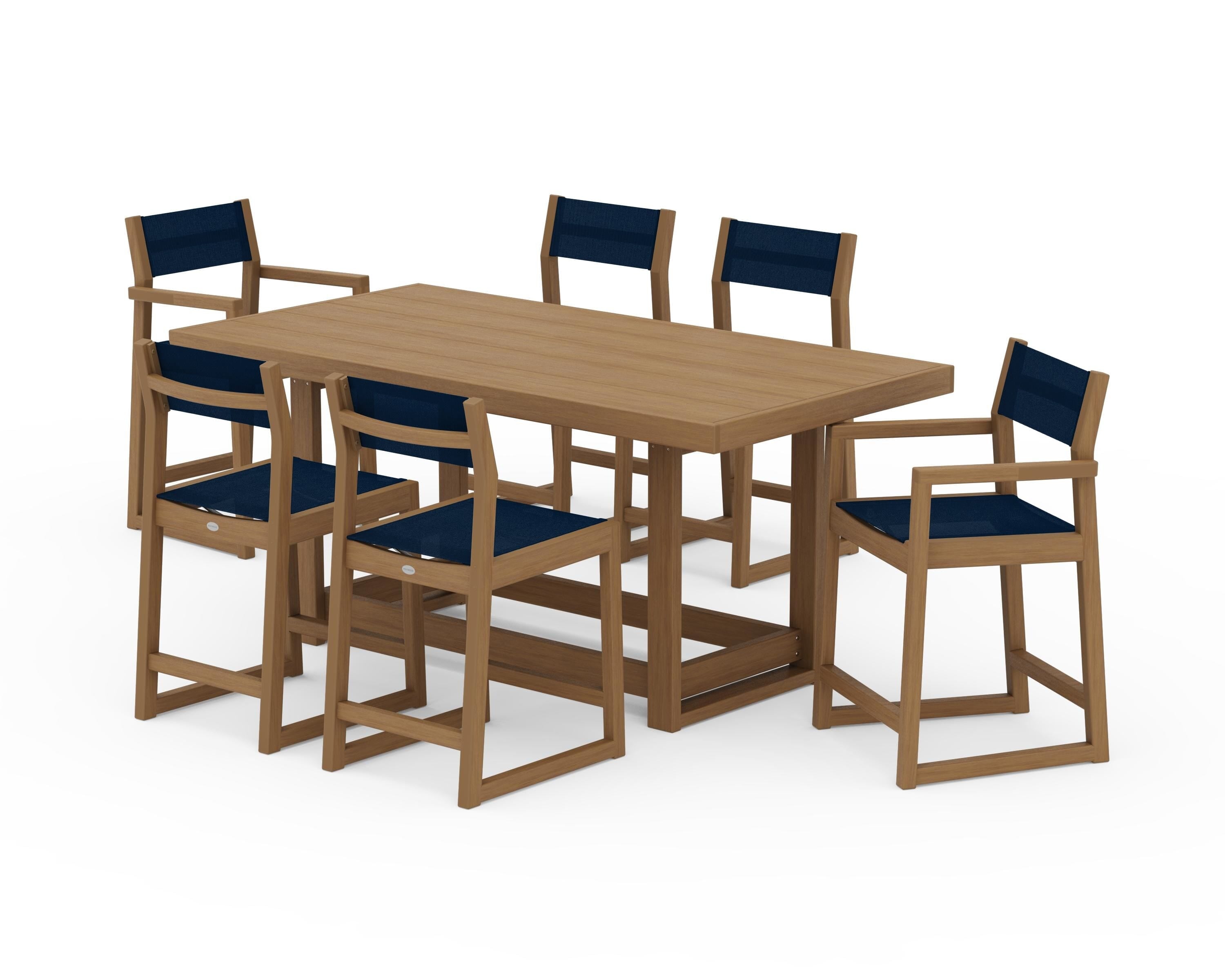 POLYWOOD EDGE Sling 7-Piece Counter Table Set in Natural / Navy Blue Sling