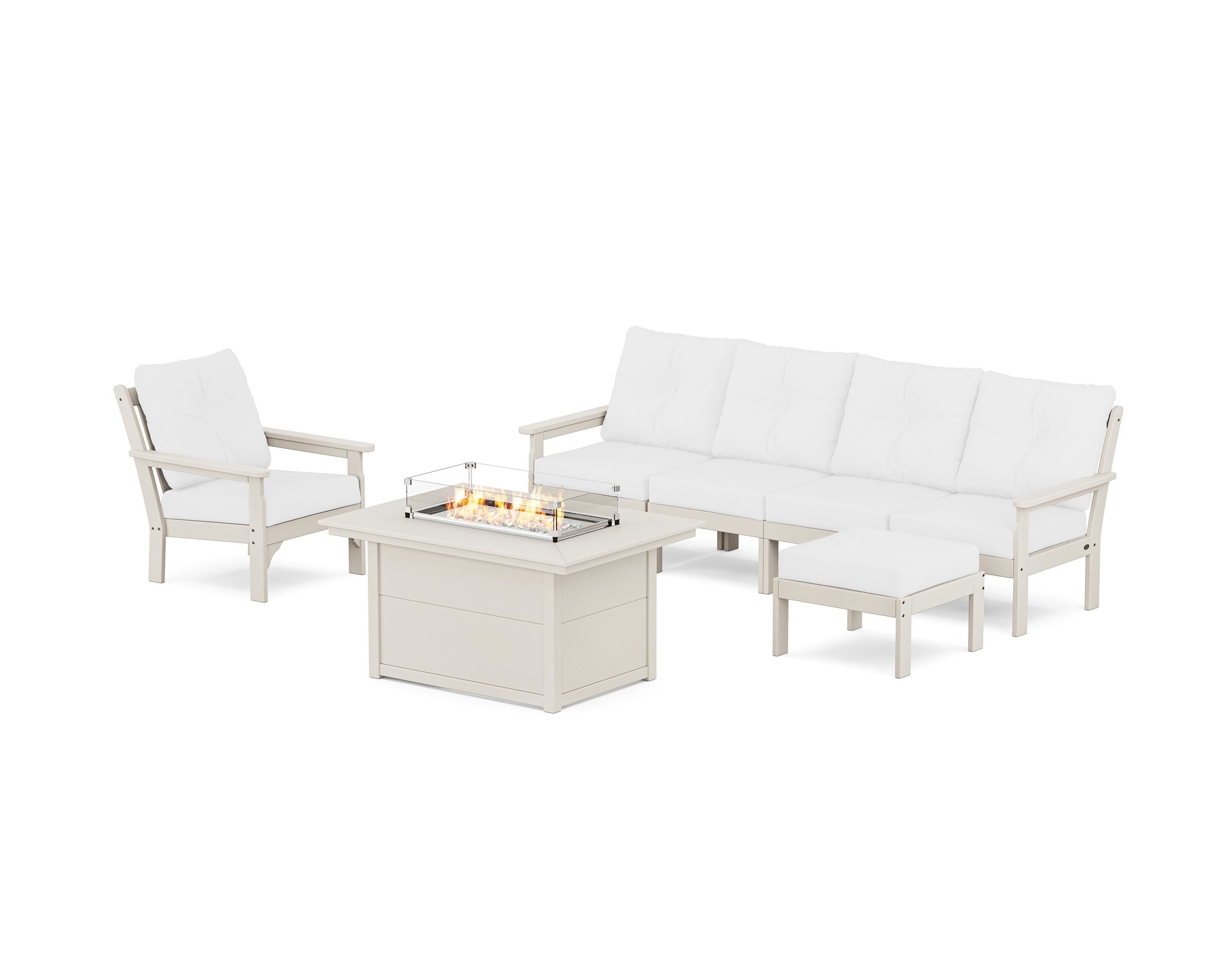 POLYWOOD Vineyard Sectional Lounge and Fire Pit Set in Sand / Natural