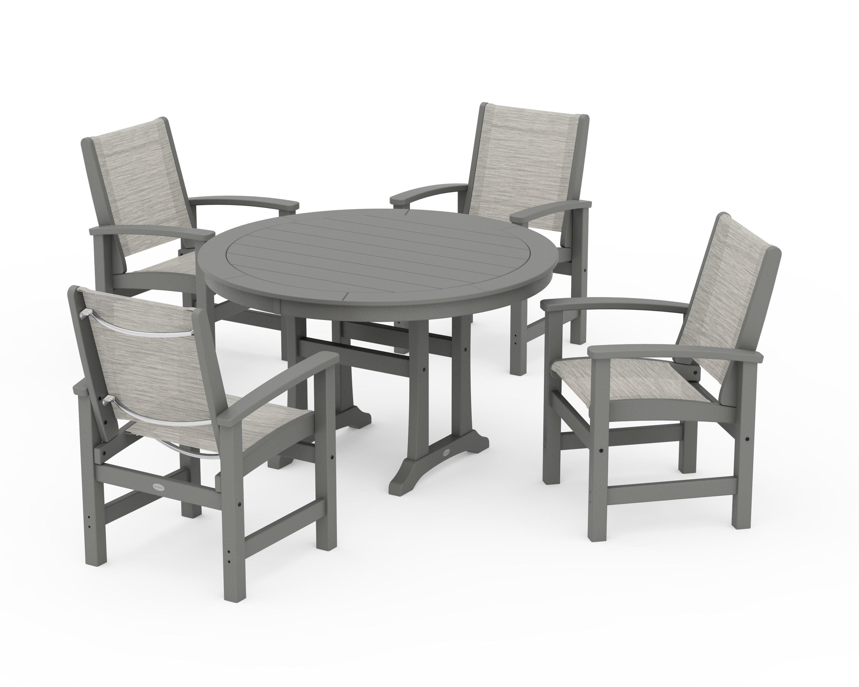 POLYWOOD Coastal 5-Piece Round Dining Set with Trestle Legs in Slate Grey / Birch Sling