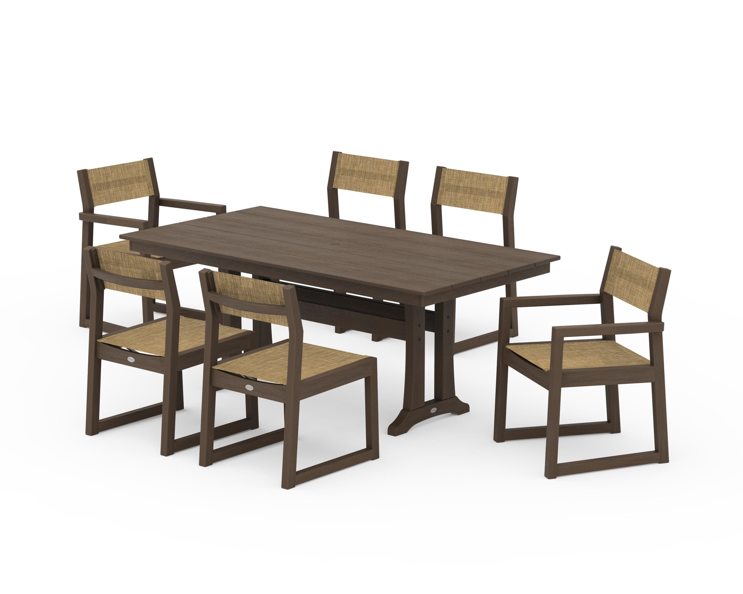 POLYWOOD EDGE Sling 7-Piece Farmhouse Trestle Dining Set in Kona / Burlap Sling
