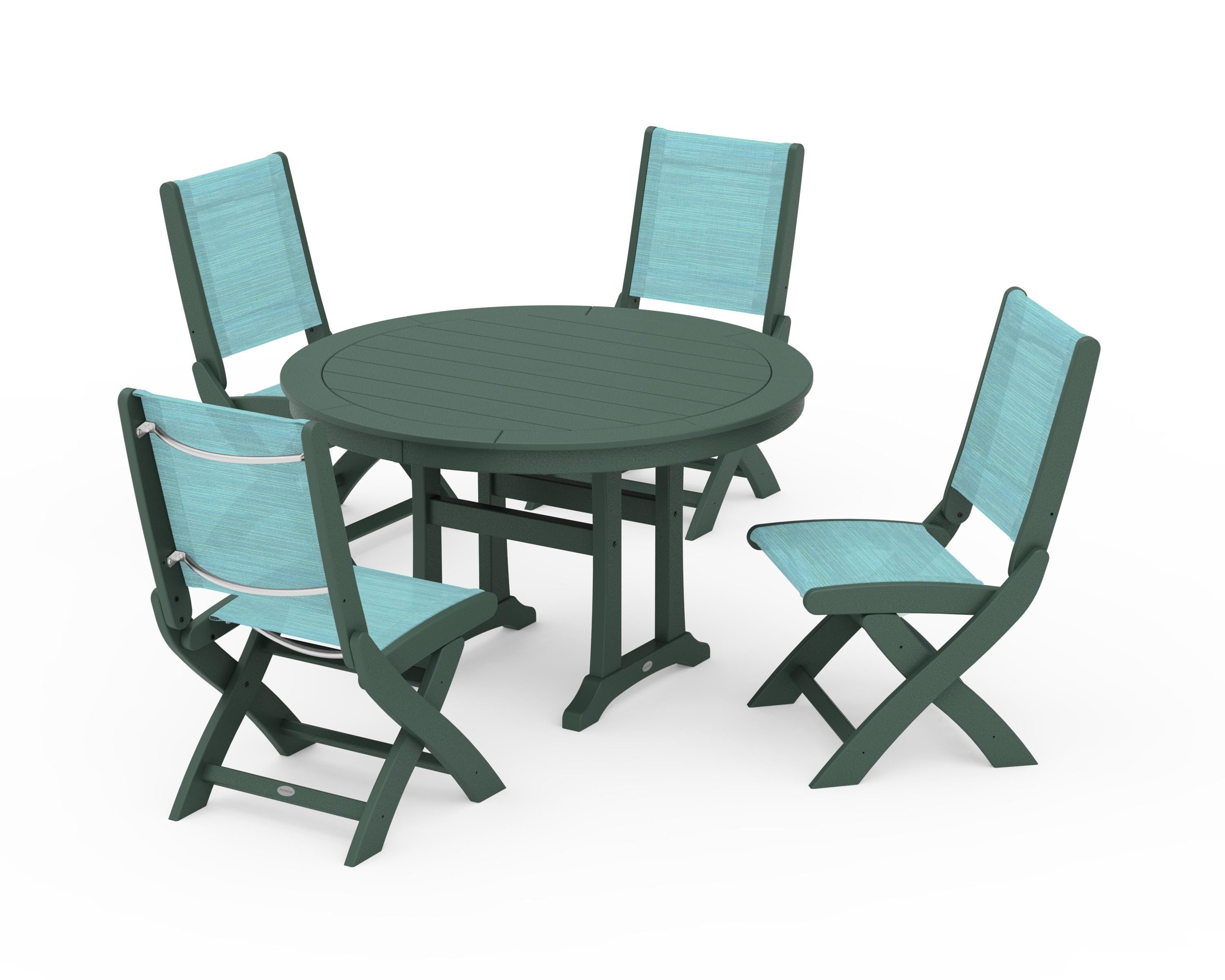 POLYWOOD Coastal Folding Side Chair 5-Piece Round Dining Set With Trestle Legs in Green / Dupioni Aquamarine Sling