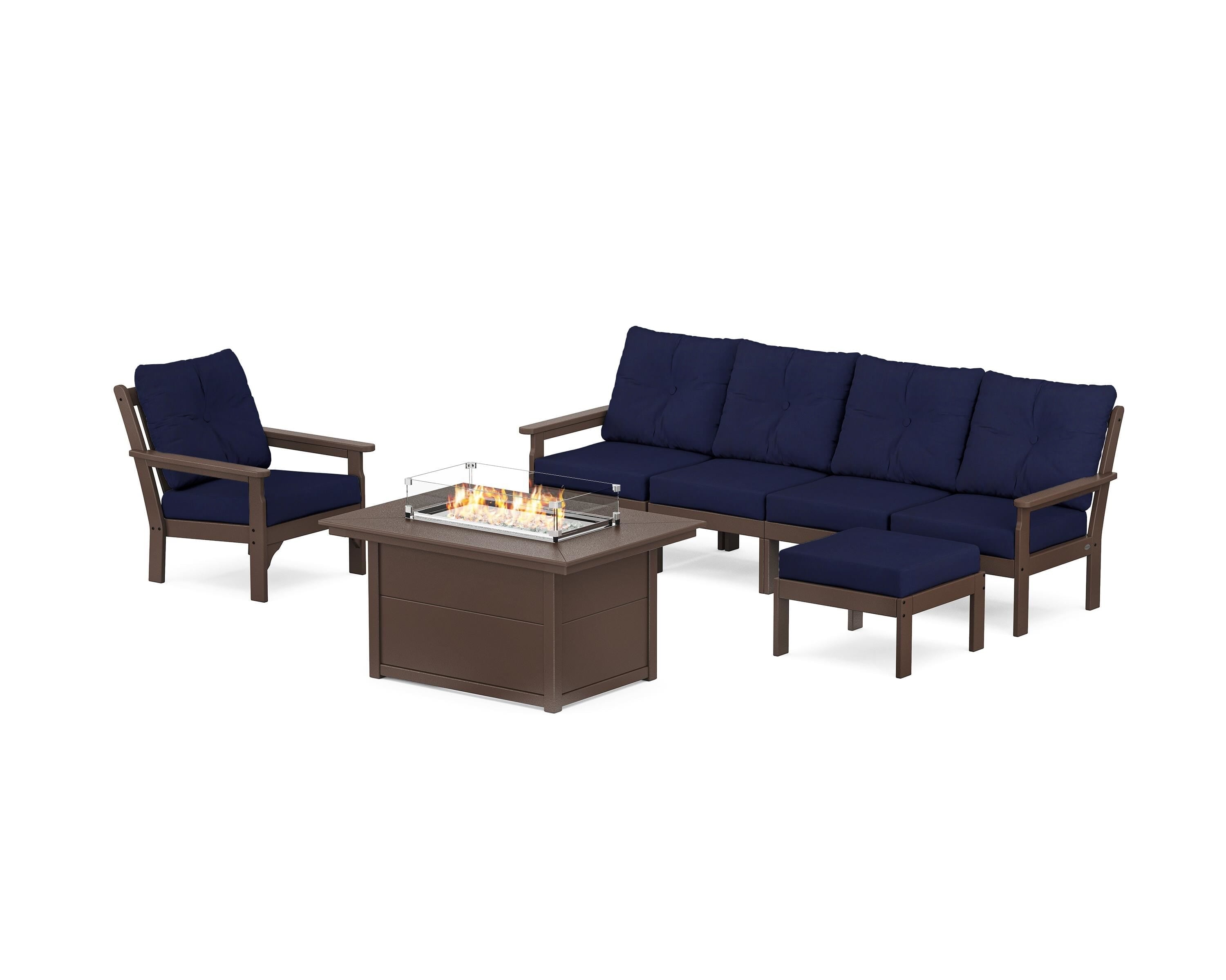 POLYWOOD Vineyard Sectional Lounge and Fire Pit Set in Mahogany / Navy