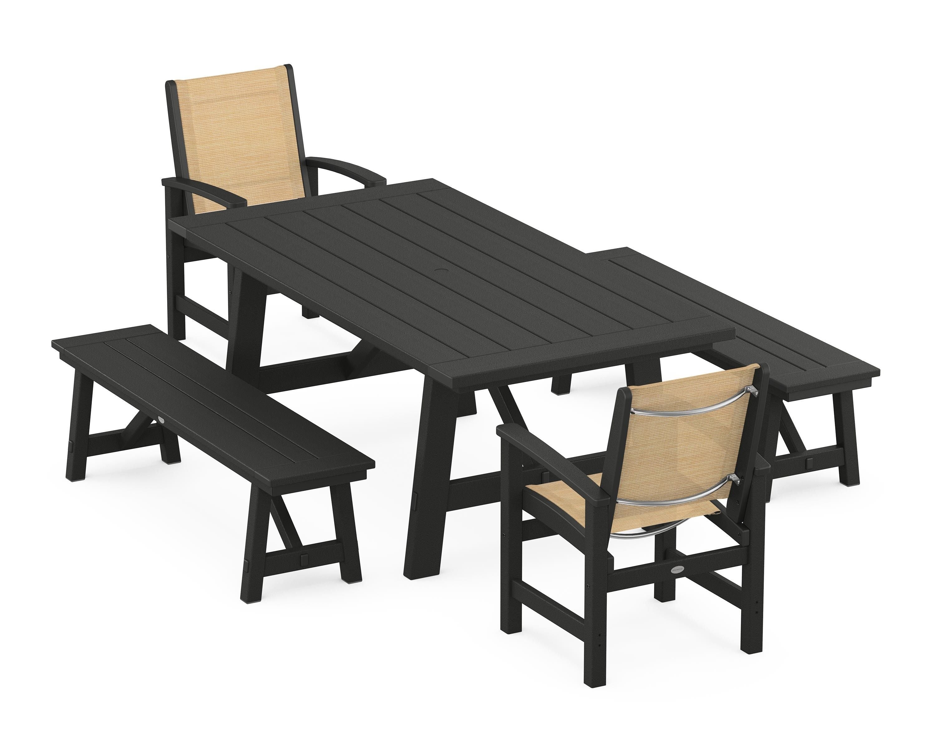POLYWOOD Coastal 5-Piece Rustic Farmhouse Dining Set With Benches in Black / Dupioni Apricot Sling