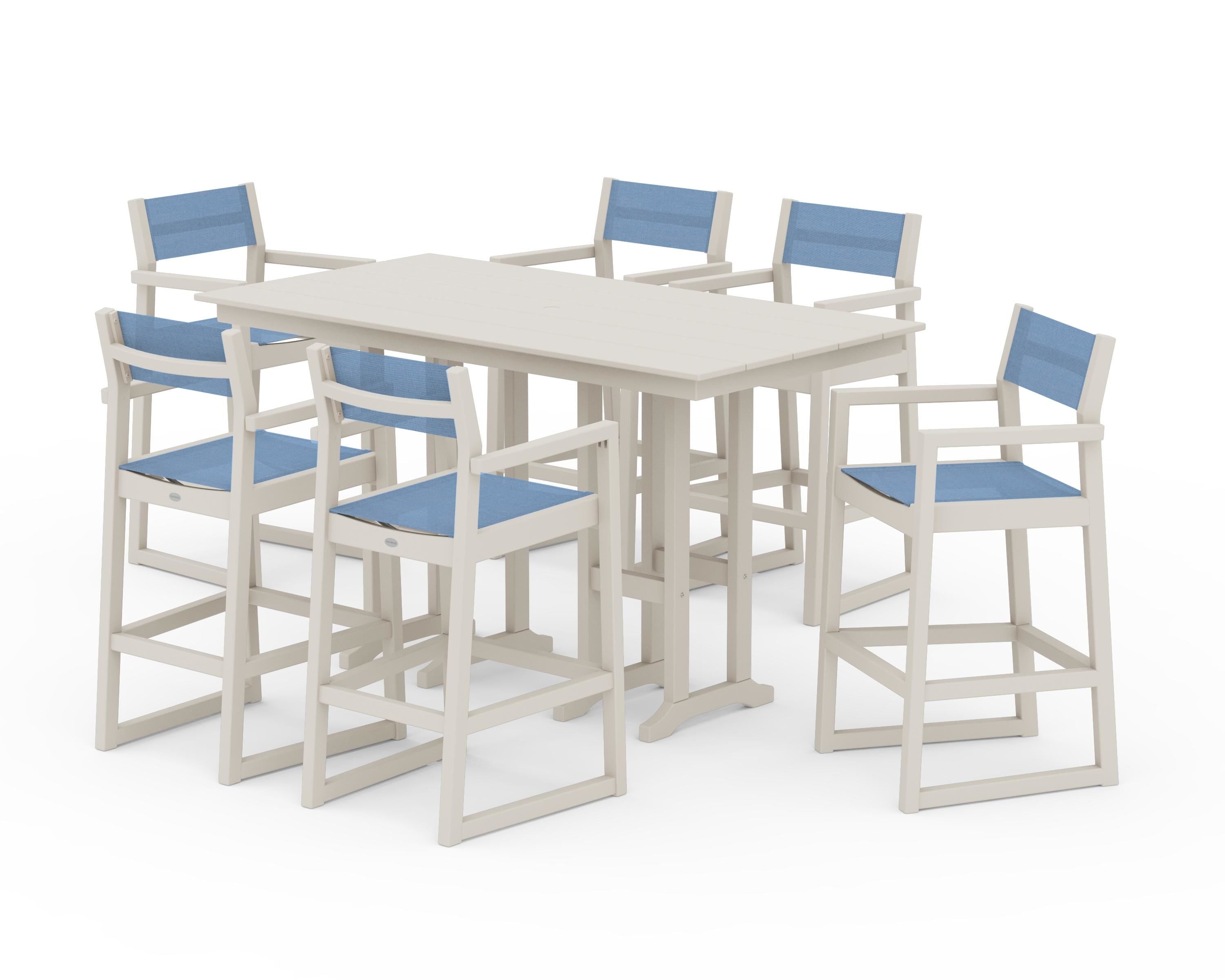 POLYWOOD EDGE Sling Arm Chair 7-Piece Farmhouse Bar Set in Sand / Poolside Sling
