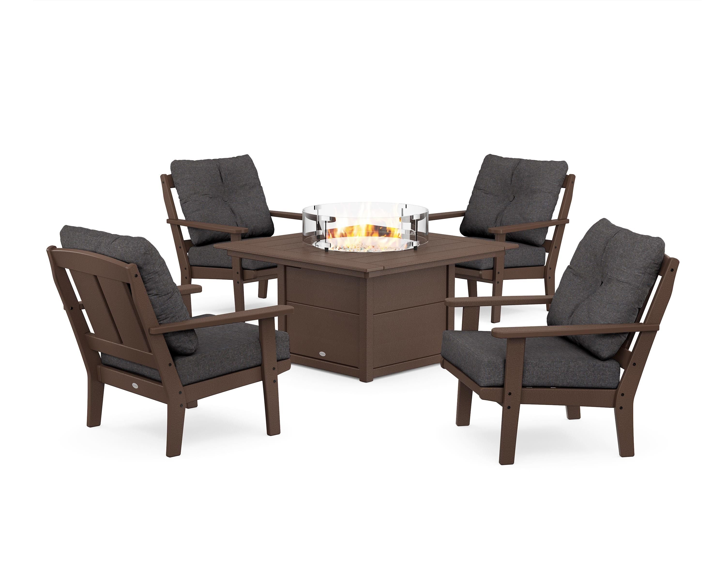 POLYWOOD Mission 5-Piece Deep Seating Set with Fire Pit Table in Mahogany / Ash Charcoal