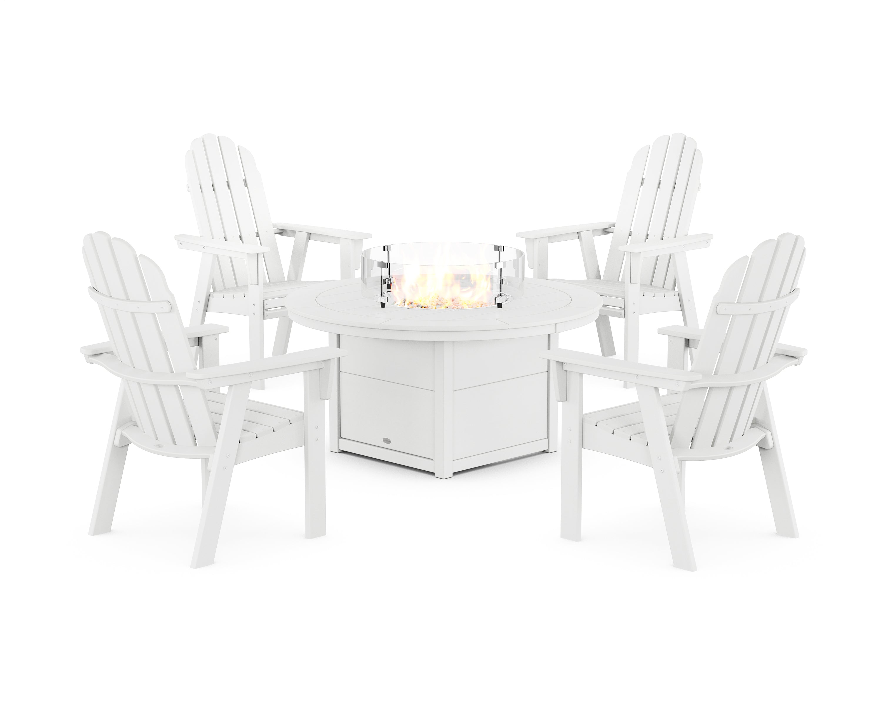 POLYWOOD® Vineyard 4-Piece Curveback Upright Adirondack Conversation Set with Fire Pit Table in White