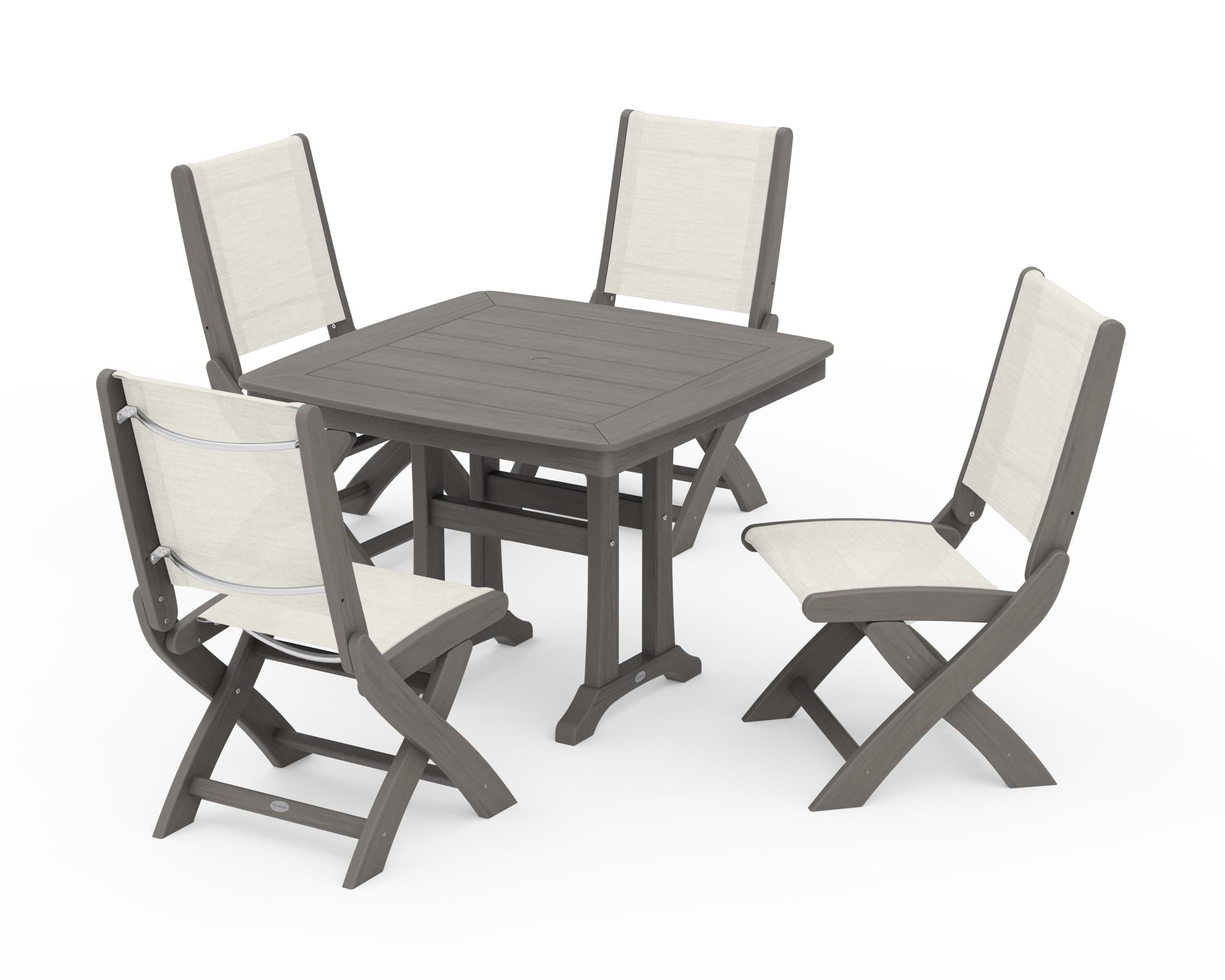 POLYWOOD Coastal Folding Side Chair 5-Piece Dining Set with Trestle Legs in Driftwood / Parchment Sling