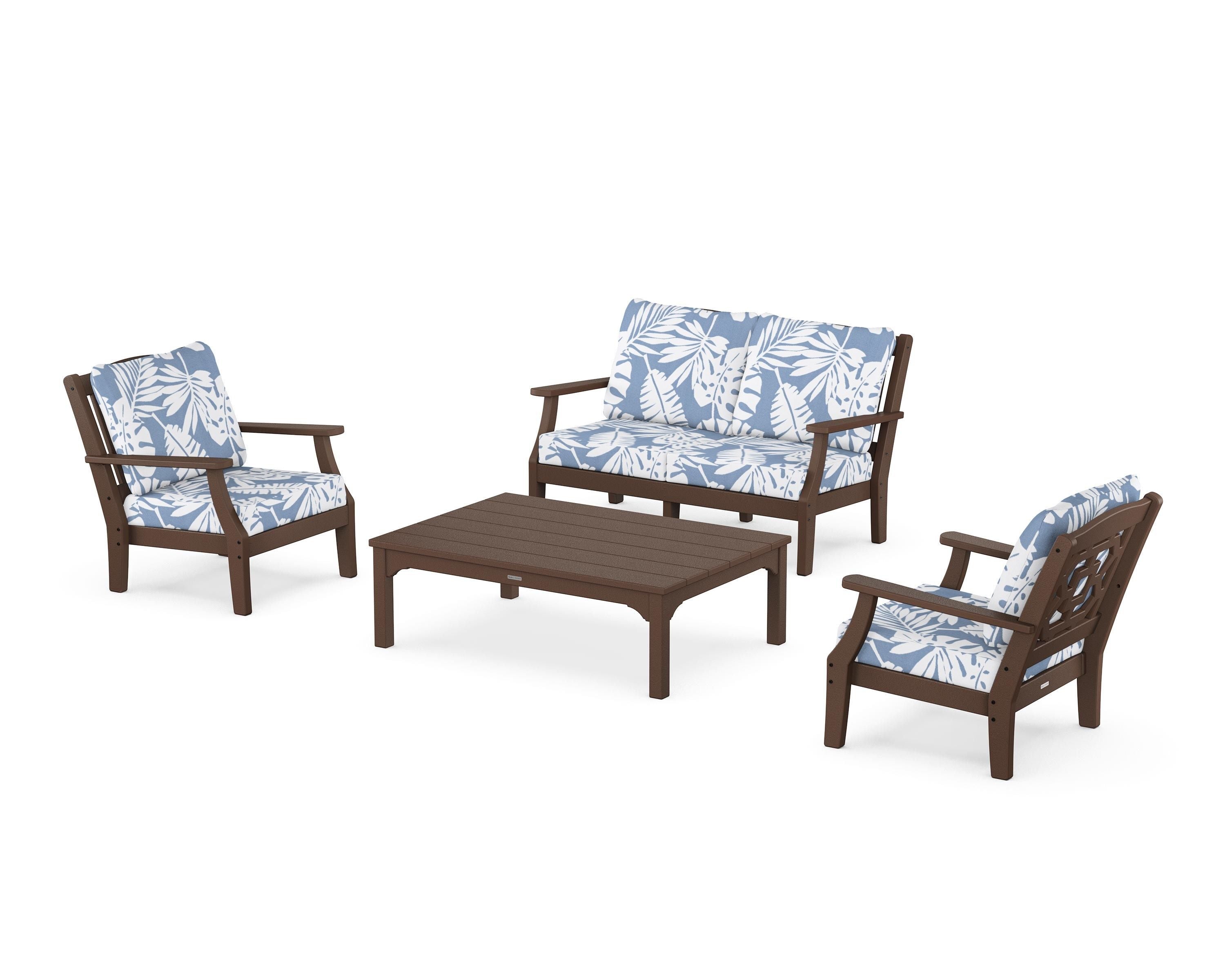 Martha Stewart by POLYWOOD Chinoiserie 4-Piece Deep Seating Set with Loveseat in Mahogany / Leaf Sky Blue