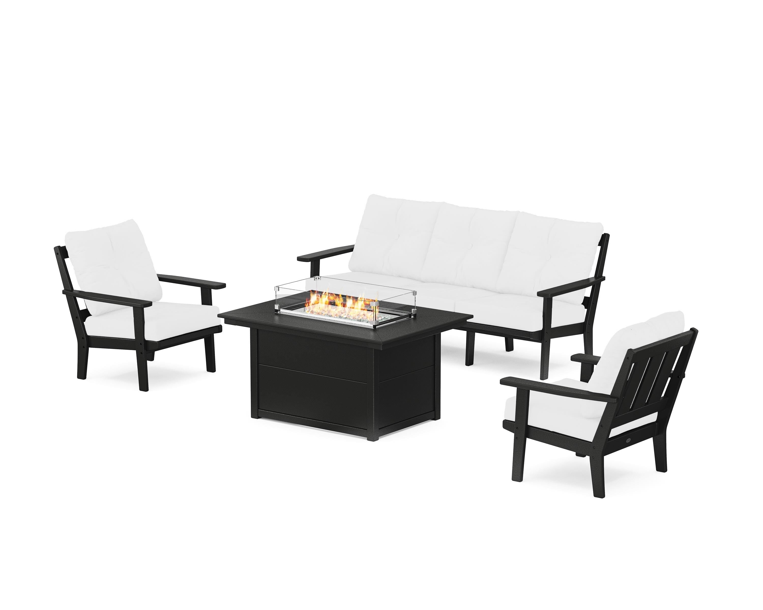 POLYWOOD Oxford Deep Seating Fire Pit Table Set in Black / Natural