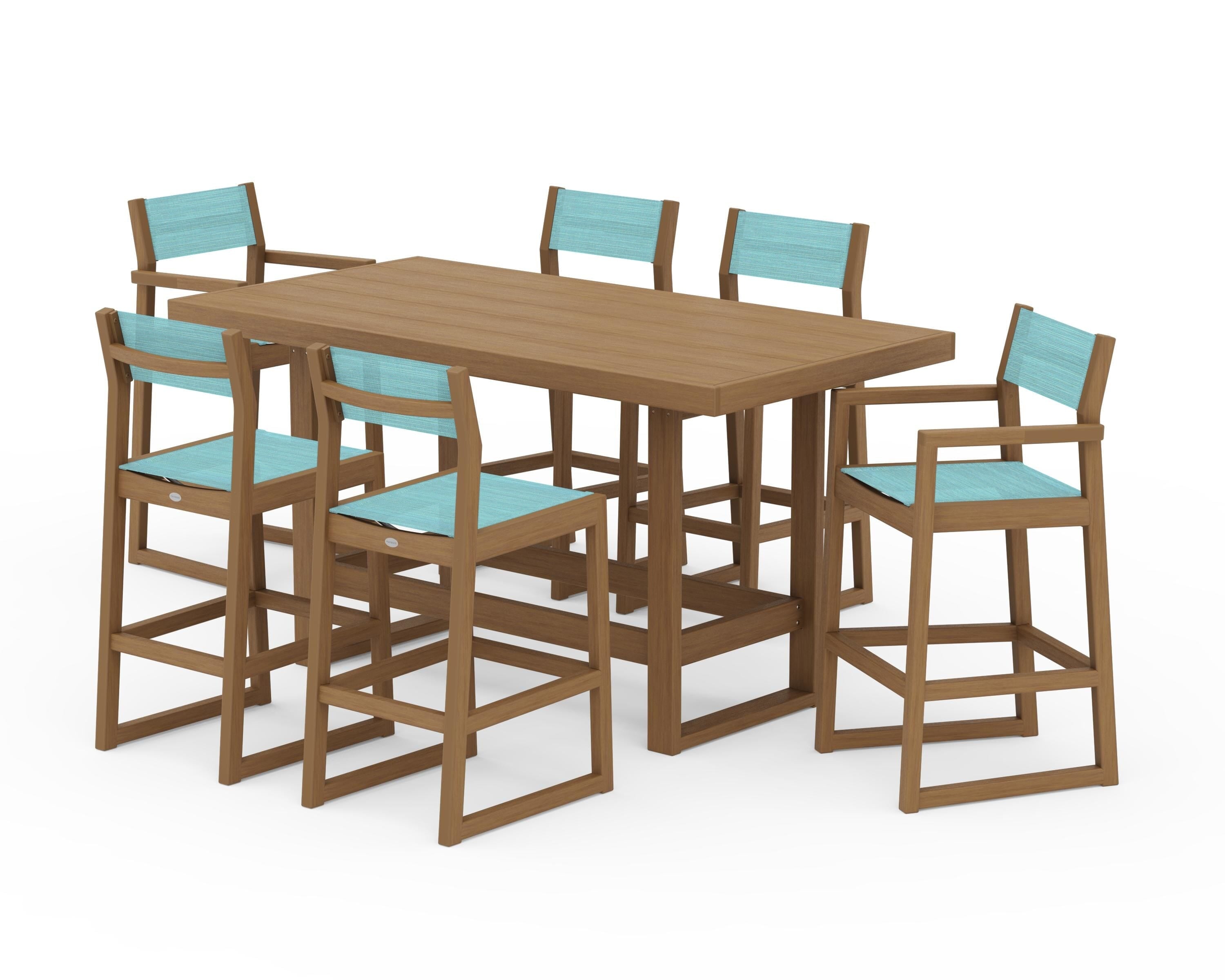 POLYWOOD EDGE Sling 7-Piece Bar Table Set in Natural / Dupioni Aquamarine Sling