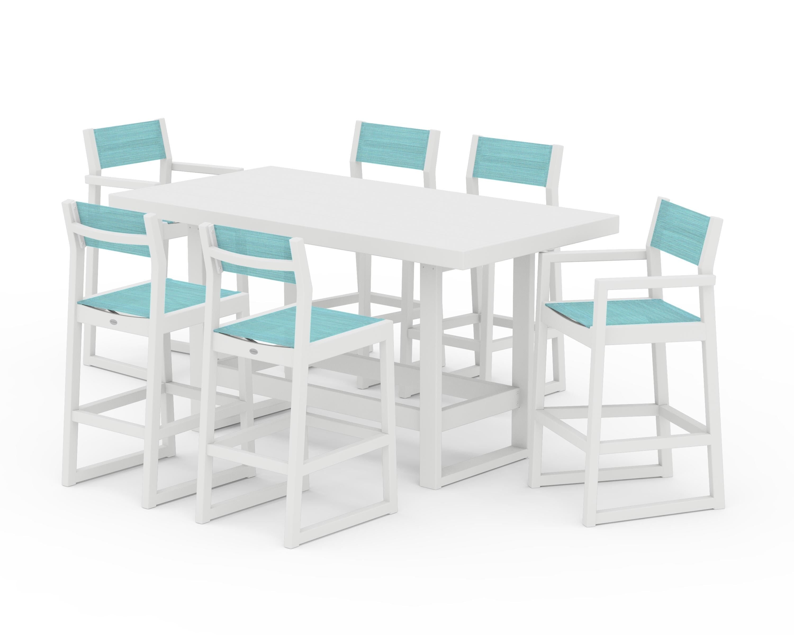 POLYWOOD EDGE Sling 7-Piece Bar Table Set in White / Dupioni Aquamarine Sling