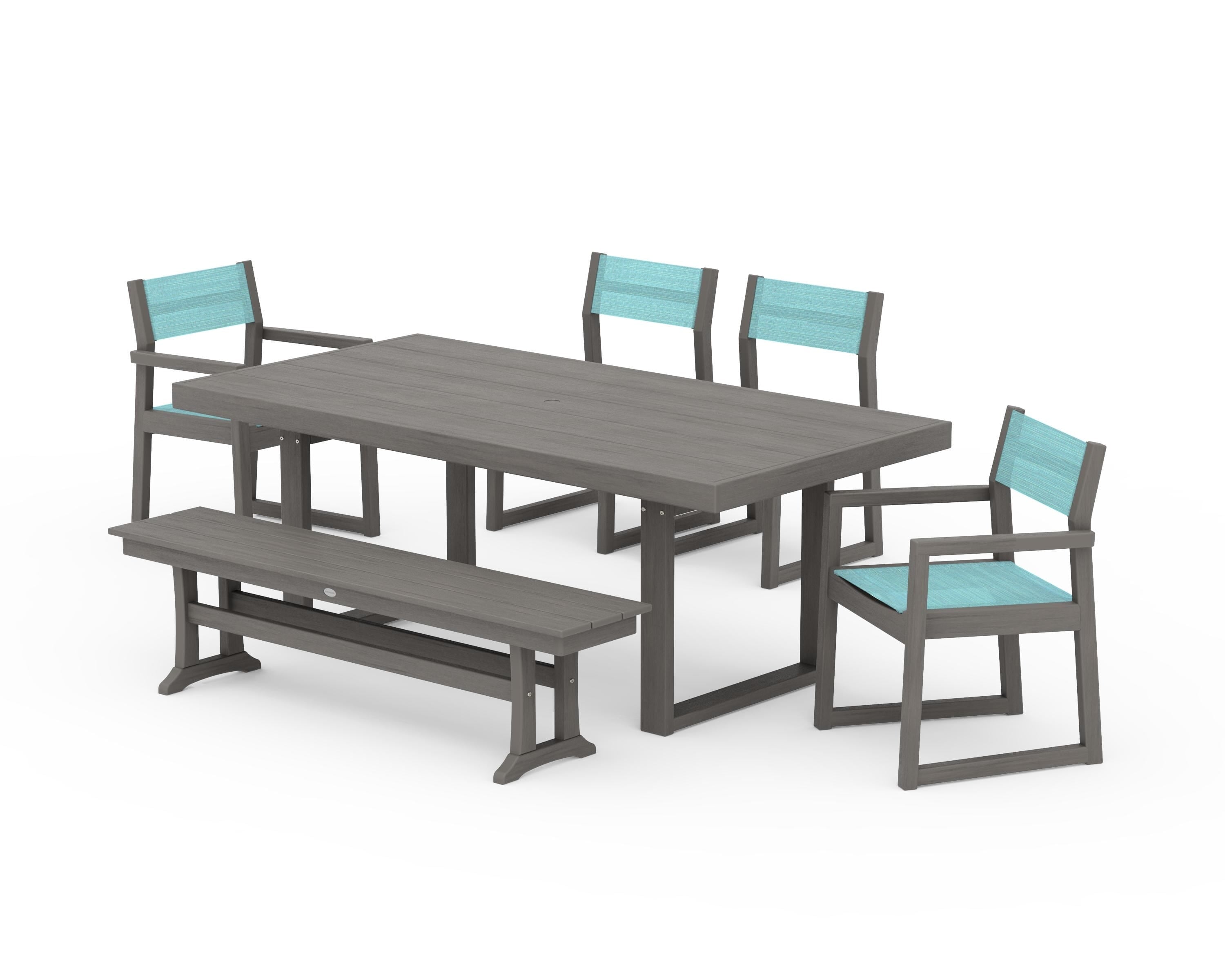 POLYWOOD EDGE Sling 6-Piece Dining Set with Bench in Driftwood / Dupioni Aquamarine Sling
