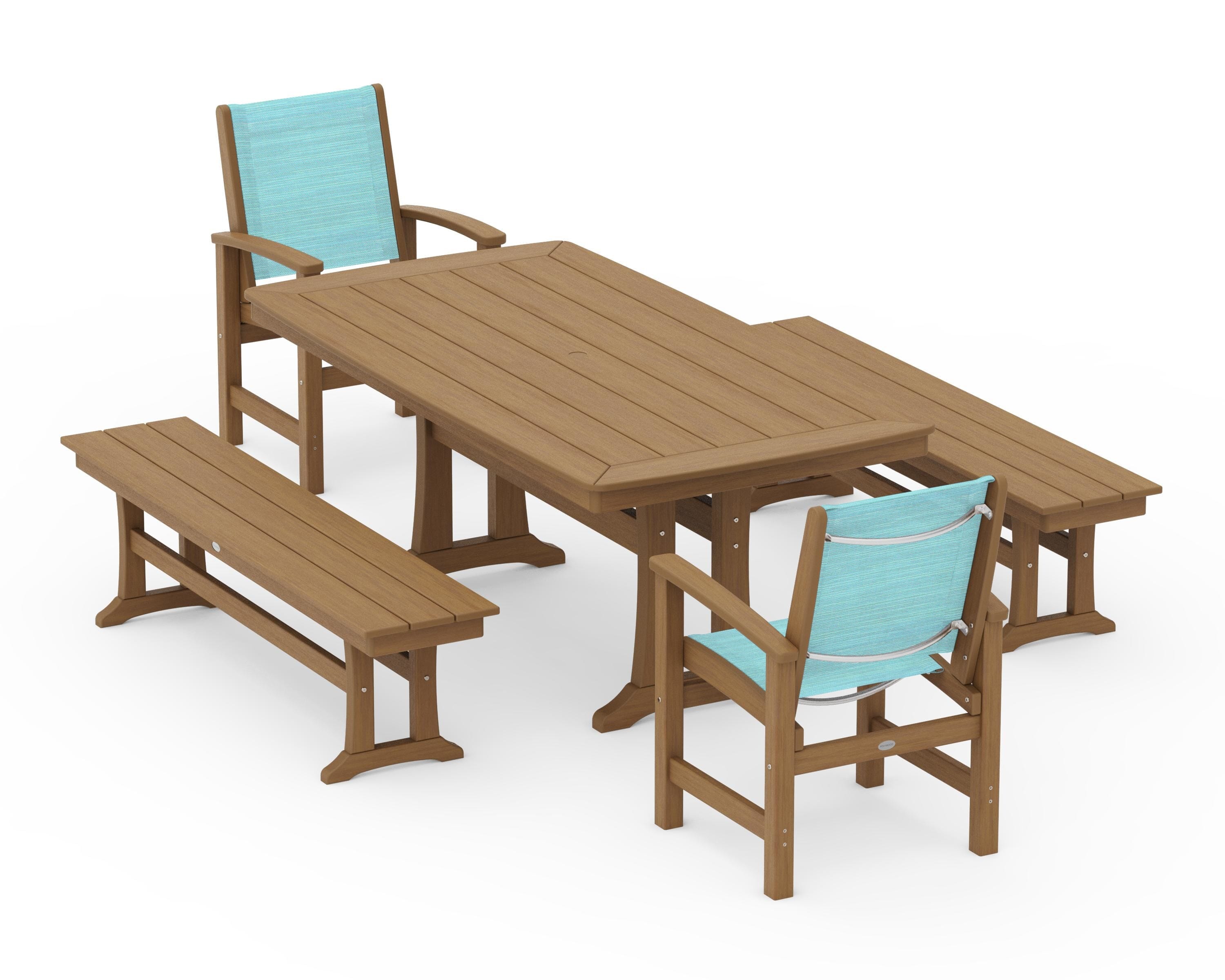 POLYWOOD Coastal 5-Piece Dining Set with Trestle Legs and Benches in Natural / Dupioni Aquamarine Sling