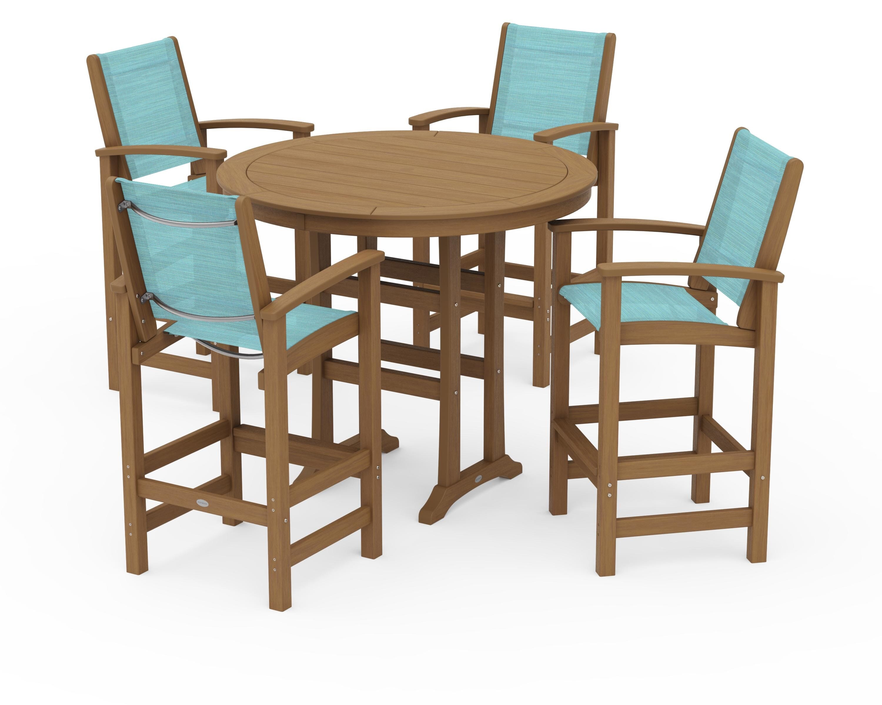 POLYWOOD Coastal 5-Piece Nautical Trestle Bar Set in Natural / Dupioni Aquamarine Sling