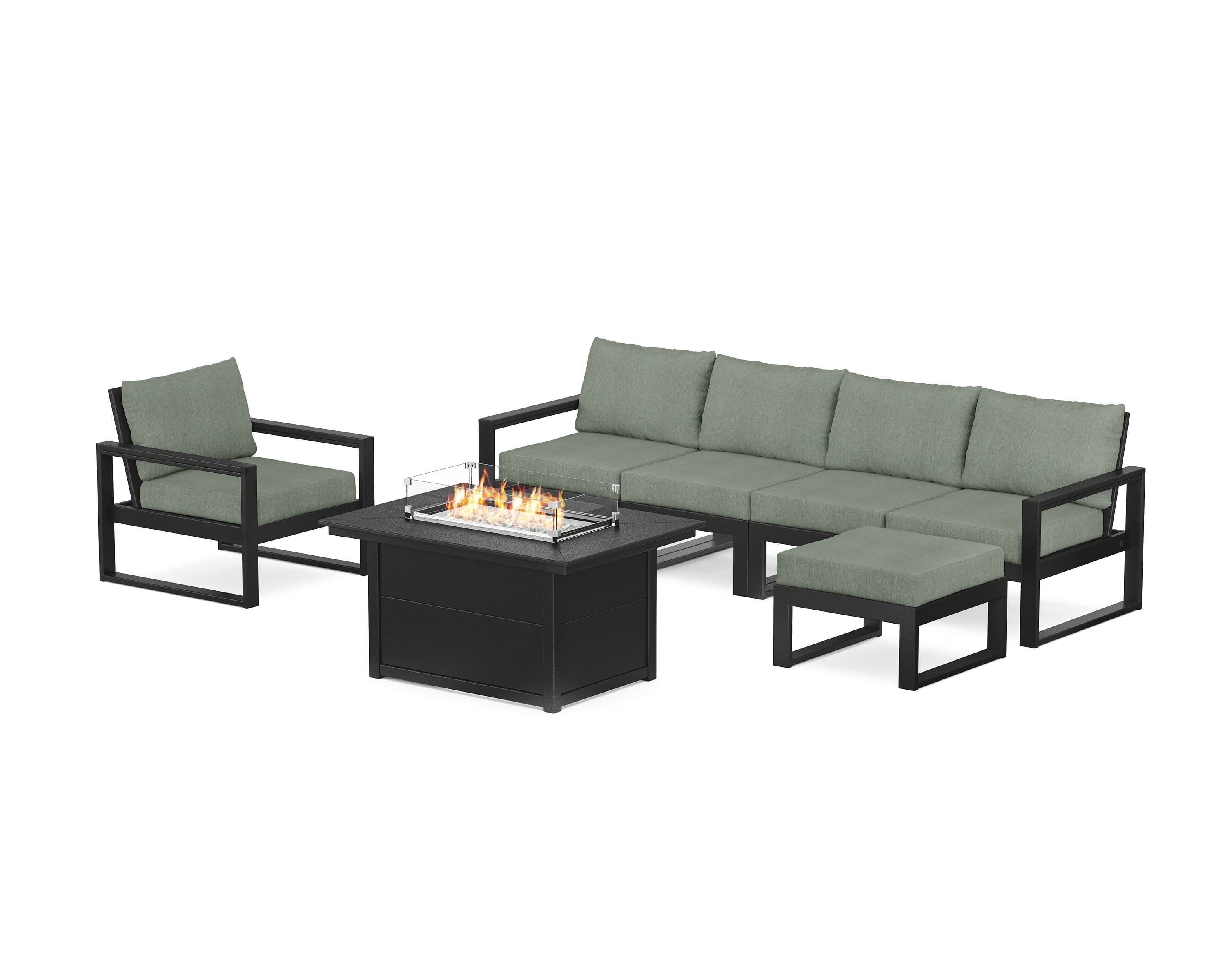 POLYWOOD EDGE Sectional Lounge and Fire Pit Set in Black / Cast Sage