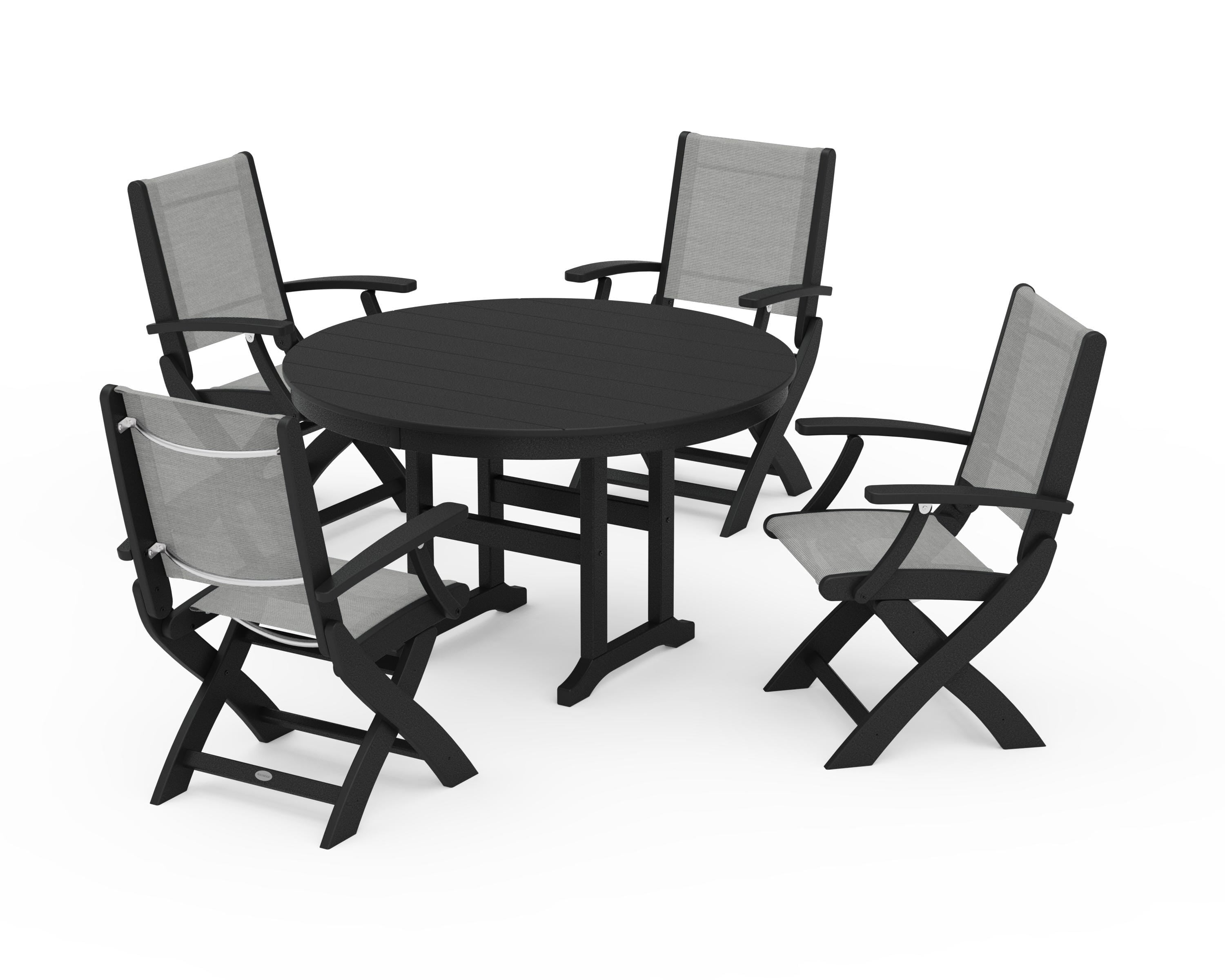 POLYWOOD Coastal Folding Chair 5-Piece Round Dining Set in Black / Metallic Sling