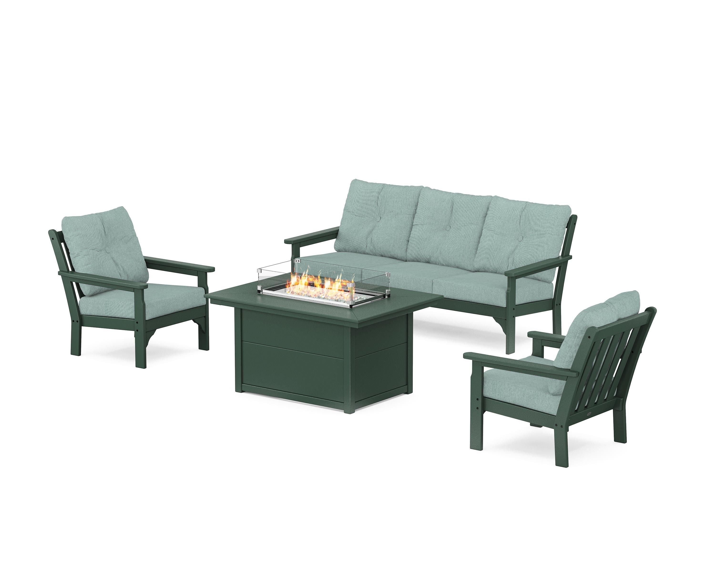 POLYWOOD Vineyard Deep Seating Fire Pit Table Set in Green / Glacier Spa