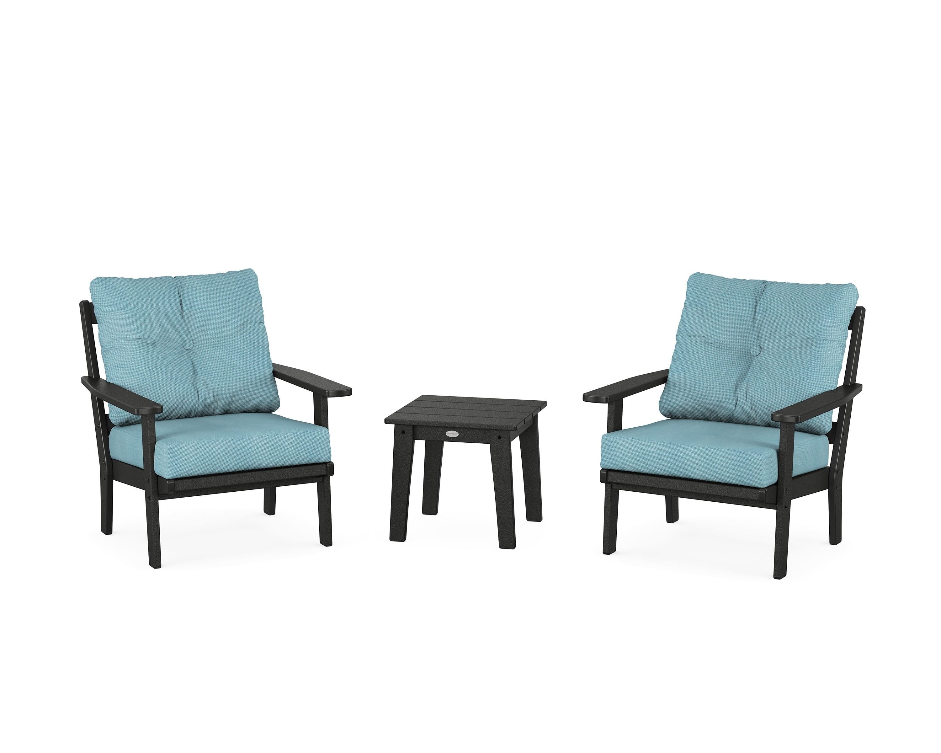 POLYWOOD Oxford 3-Piece Deep Seating Set in Black / Lattice Sky Blue