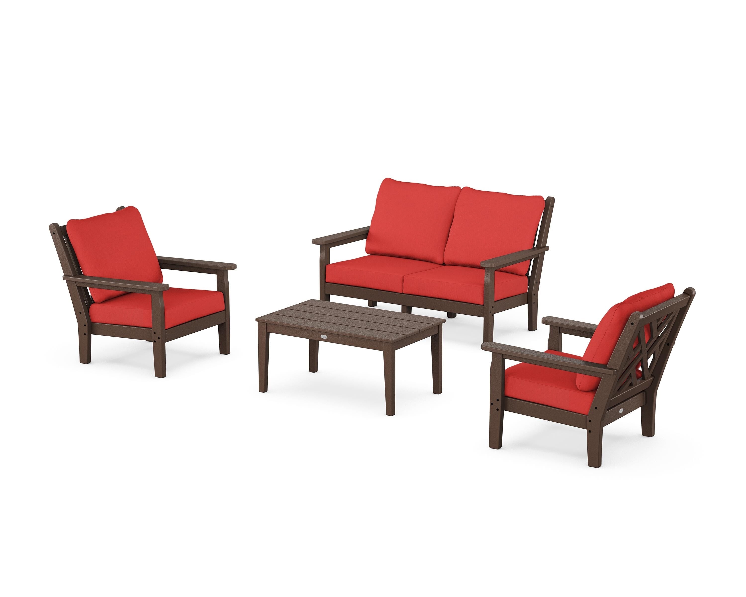 POLYWOOD Chippendale 4-Piece Deep Seating Set with Loveseat in Mahogany / Crimson Linen