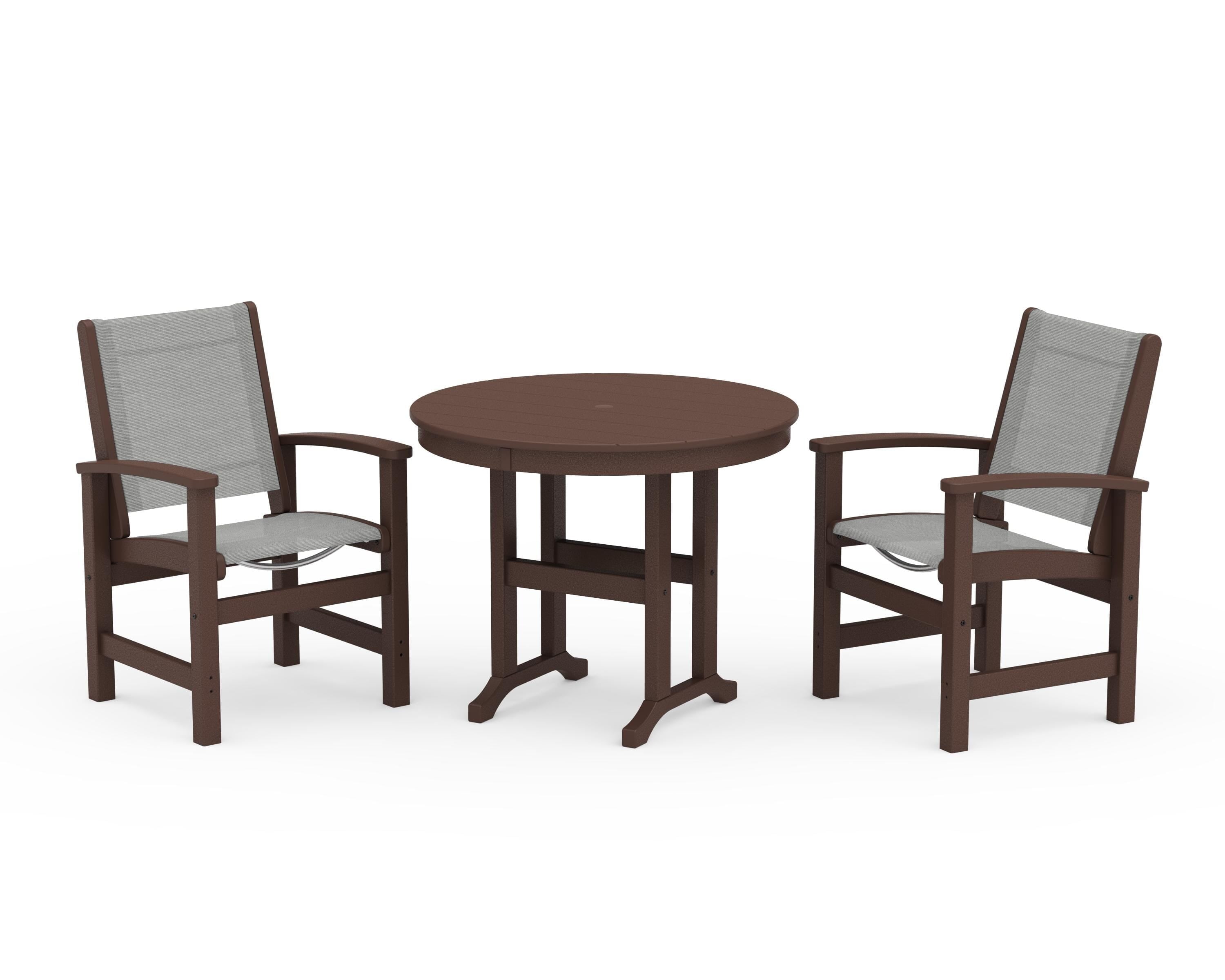 POLYWOOD Coastal 3-Piece Round Dining Set in Mahogany / Metallic Sling