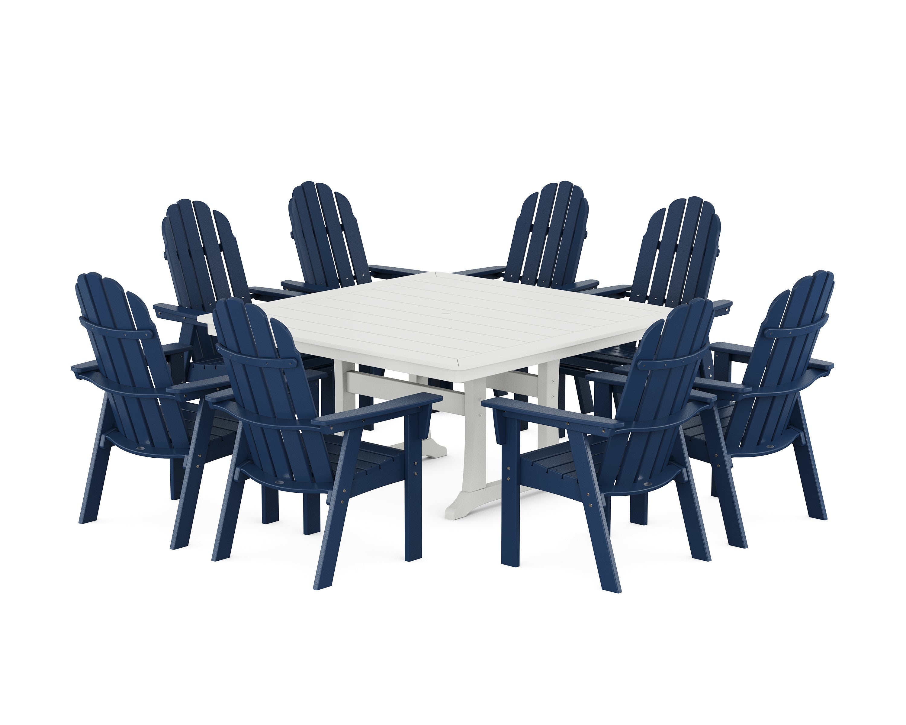 POLYWOOD® Vineyard Curveback Adirondack 9-Piece Nautical Trestle Dining Set in Navy / White