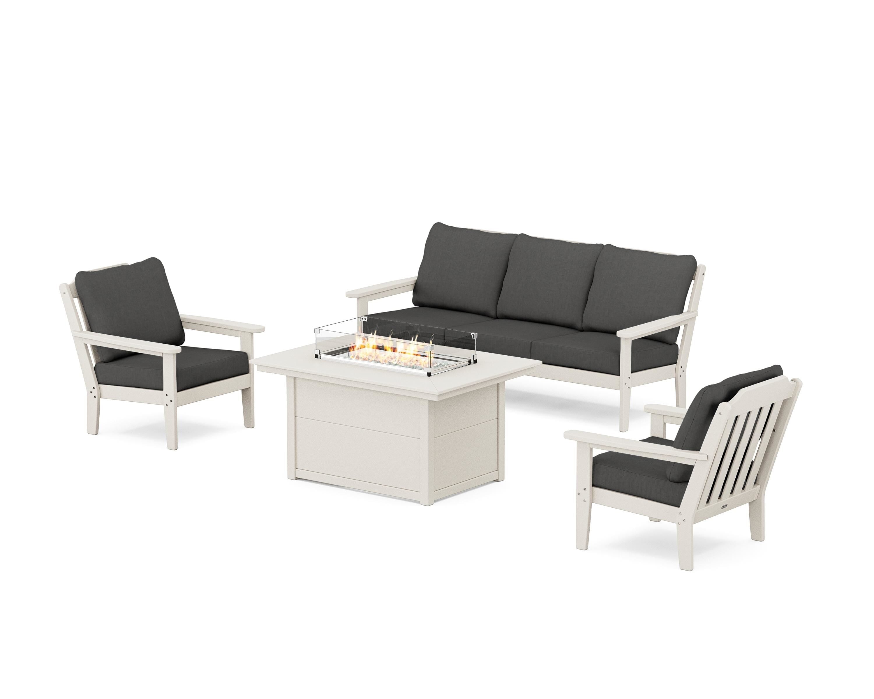 Country Living Cottage Deep Seating Fire Pit Table Set in Sand / Spectrum Carbon