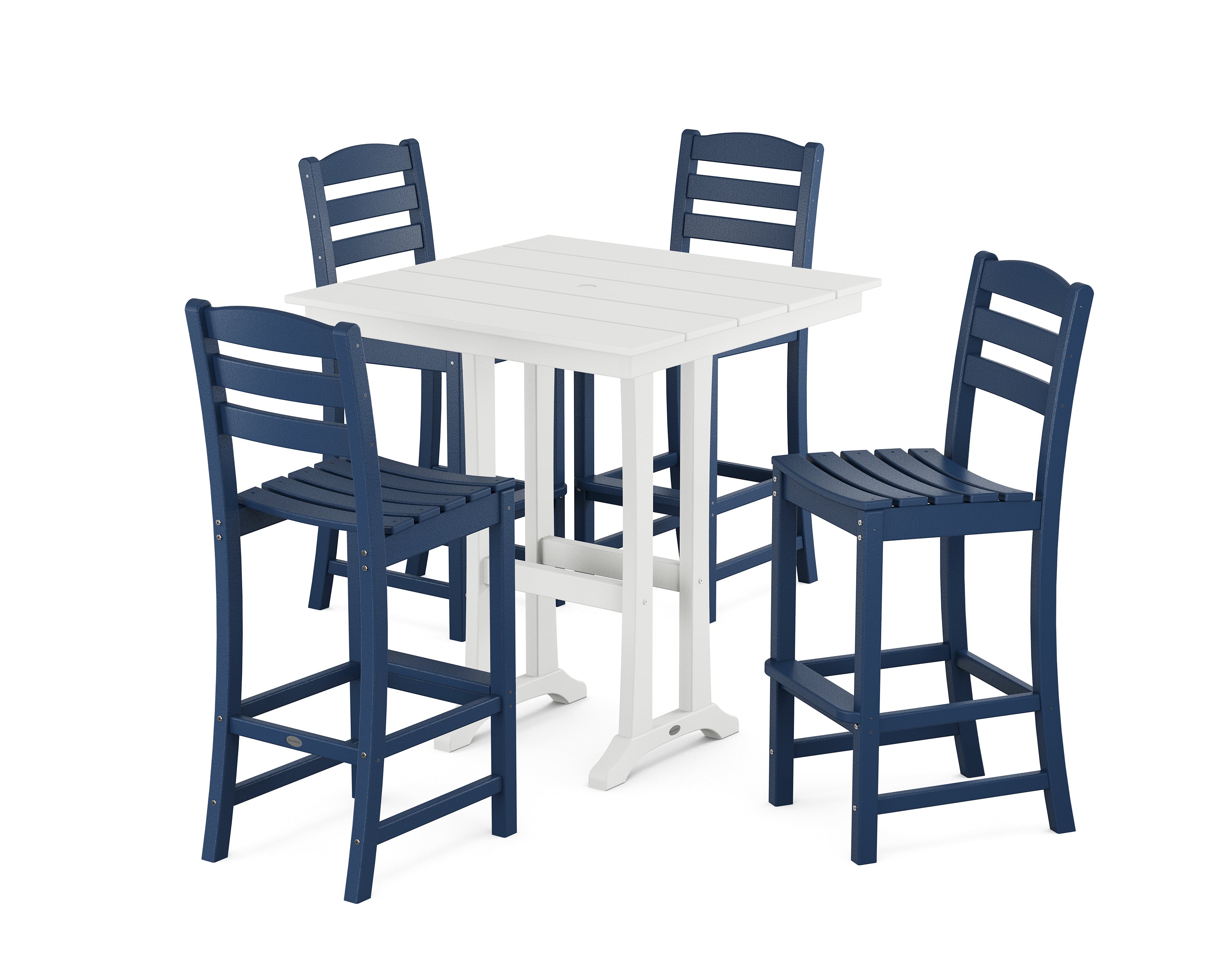 POLYWOOD® La Casa Café 5-Piece Farmhouse Trestle Bar Set in Navy / White