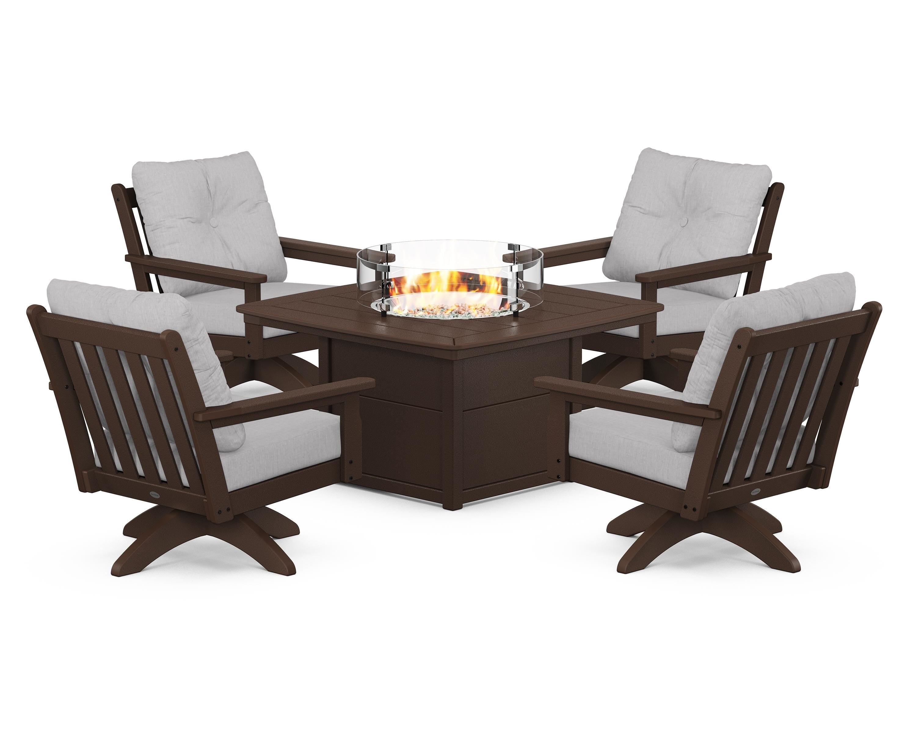 POLYWOOD Vineyard 5-Piece Deep Seating Swivel Conversation Set with Fire Pit Table in Mahogany / Granite