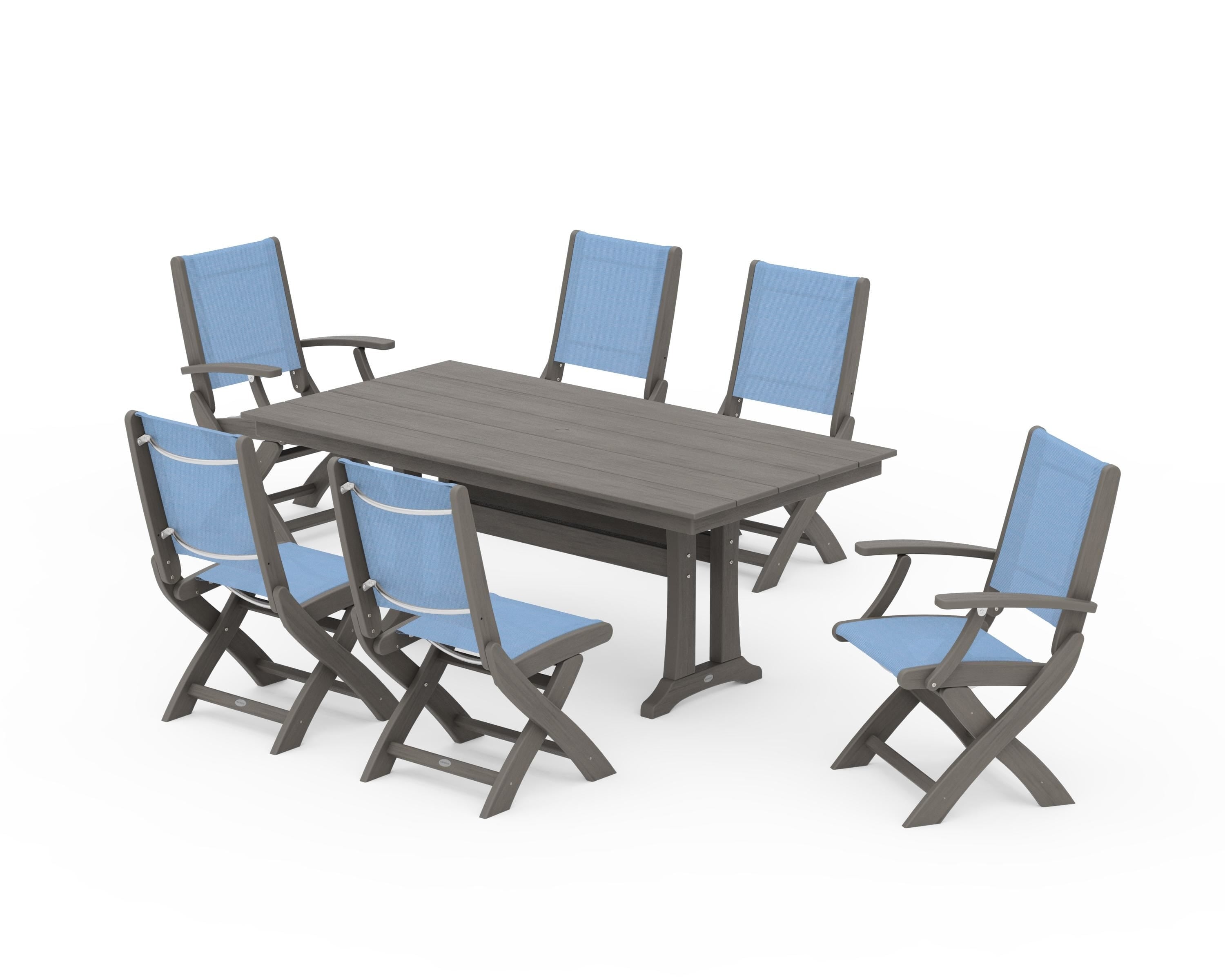 POLYWOOD Coastal Folding Chair 7-Piece Farmhouse Dining Set with Trestle Legs in Driftwood / Poolside Sling